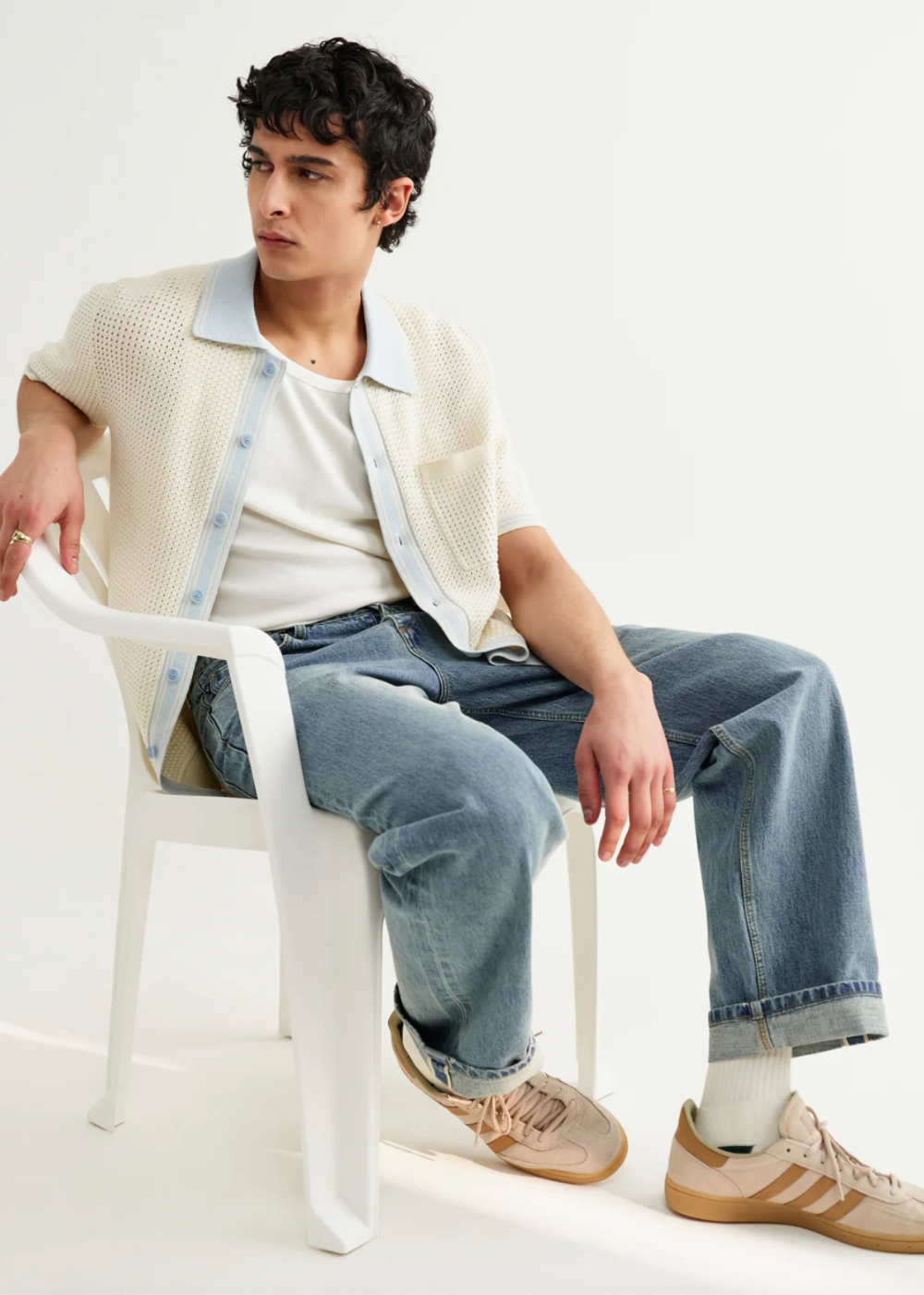 Belle SS Shirt Tipped Pointelle - Ecru/Pale Blue - Wax London Canada - Danali