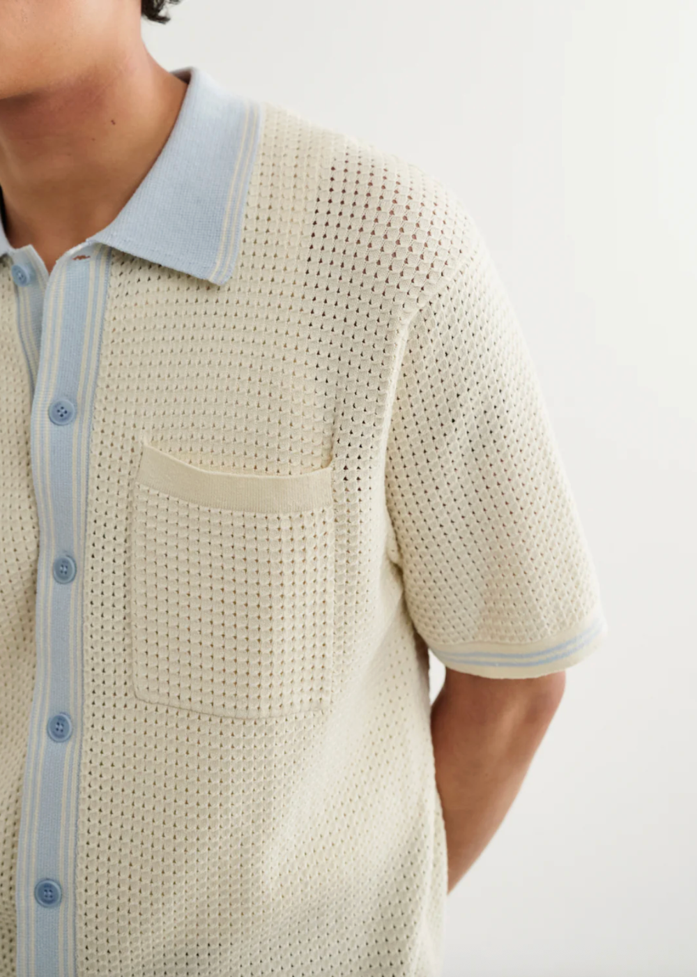 Belle SS Shirt Tipped Pointelle - Ecru/Pale Blue - Wax London Canada - Danali