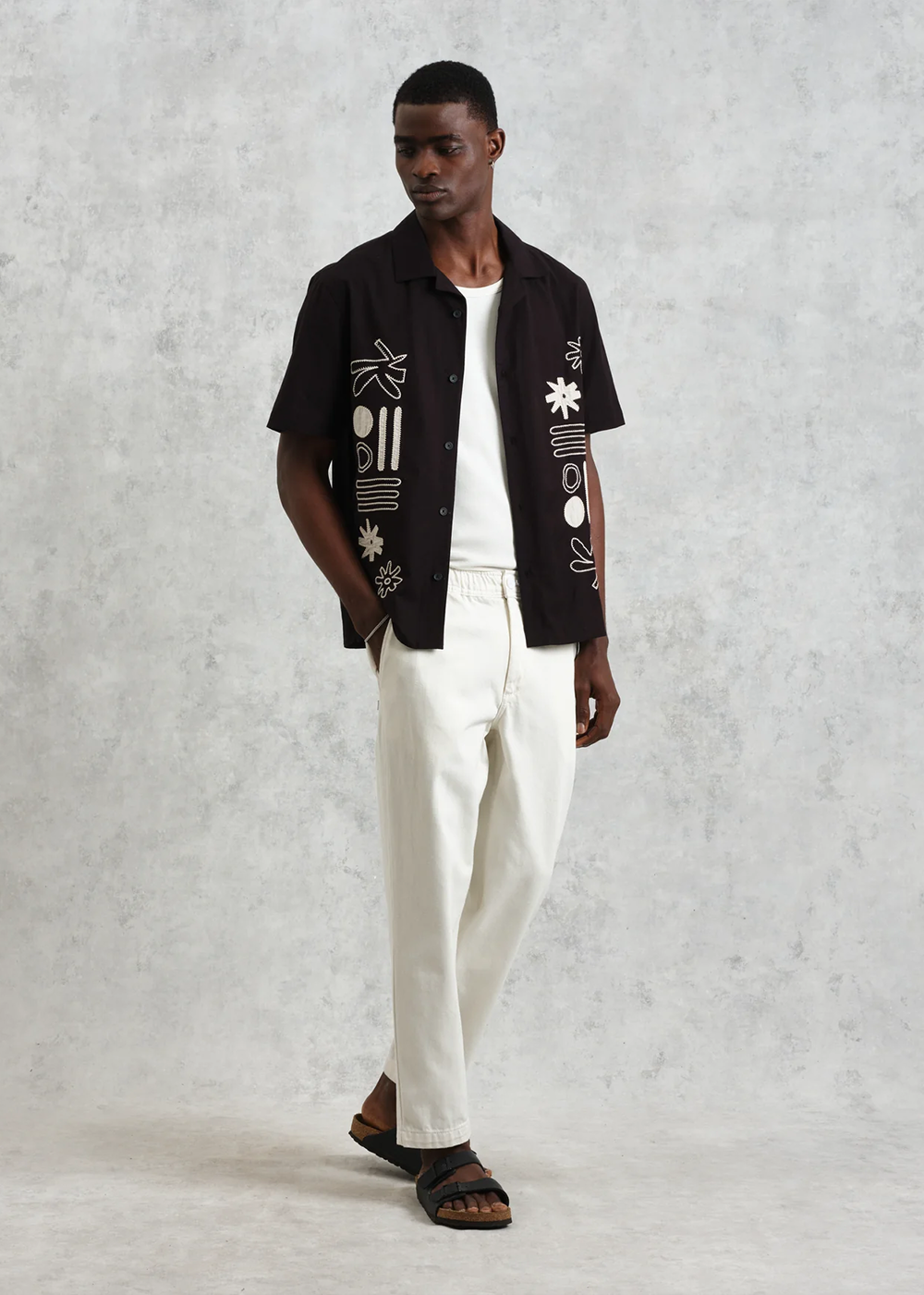 Wax London Didcot Abstract Applique Short Sleeve Shirt Black Ecru - Danali