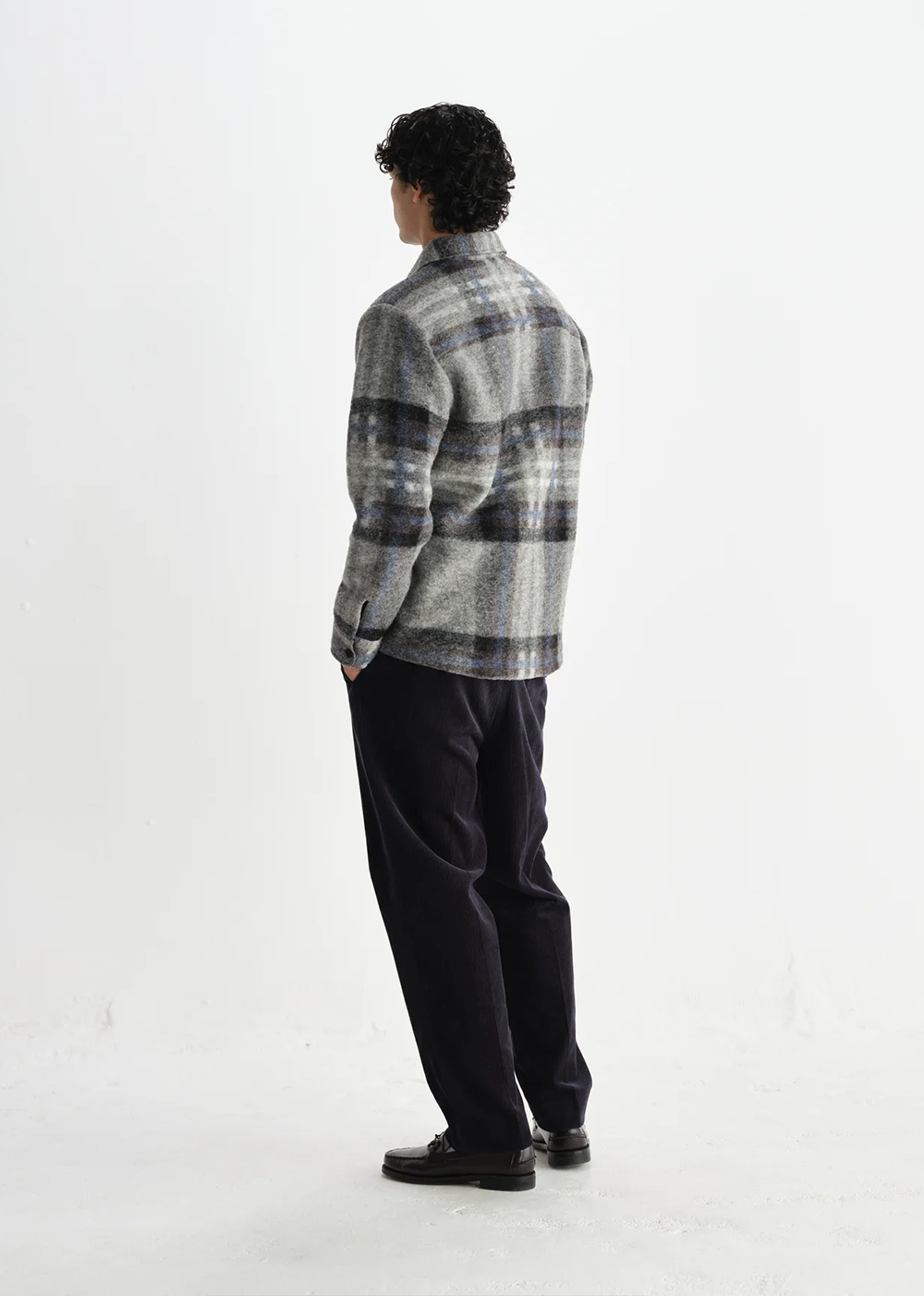 Nolan Overshirt Wool Check - Grey/Blue - Wax London Canada - Danali