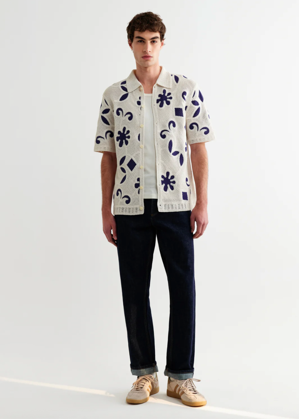 Porto SS Shirt Doodle Crochet - Ecru/Dark Blue - Wax London Canada - Danali