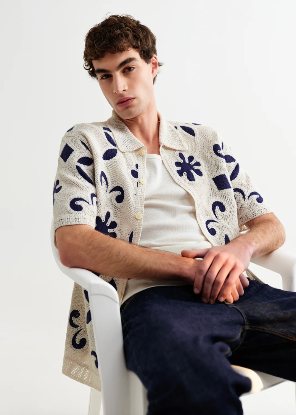 Porto SS Shirt Doodle Crochet - Ecru/Dark Blue - Wax London Canada - Danali