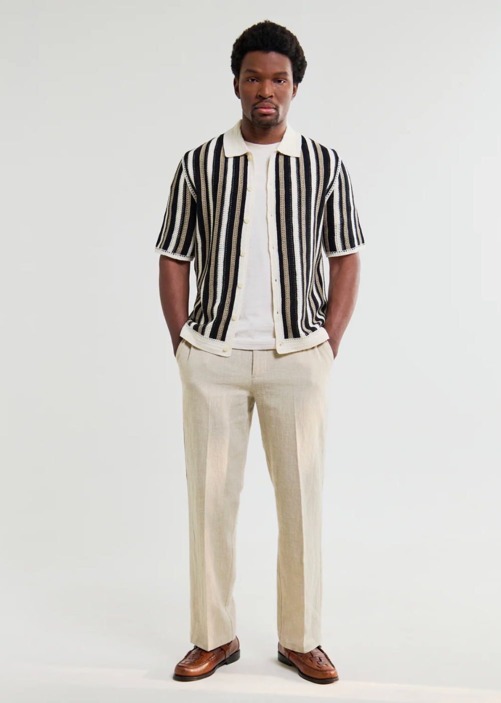 Porto SS Shirt Stripe Crochet - Ecru/Black - Wax London Canada - Danali