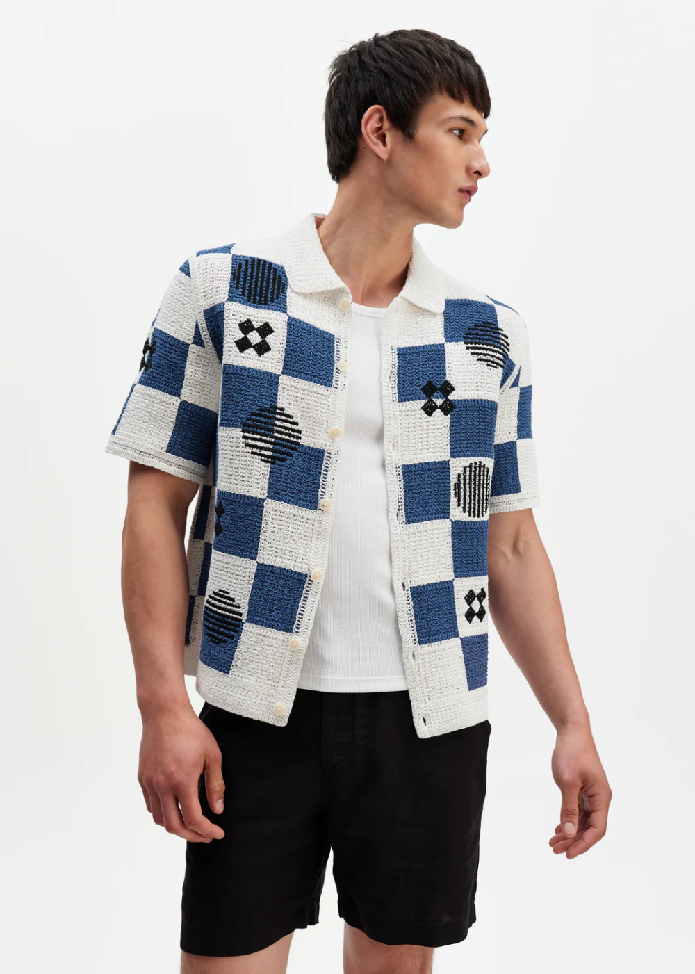 Porto Shirt Square Crochet - Ecru/Blue - Wax London Canada - Danali