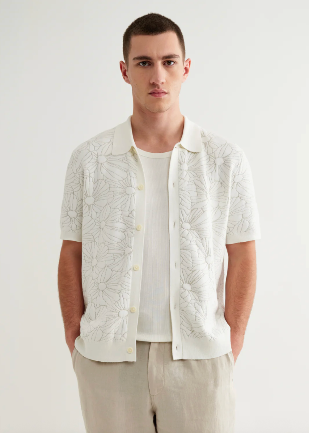 Tellaro SS Shirt Flower Jacquard - Ecru/Natural - Wax London Canada - Danali