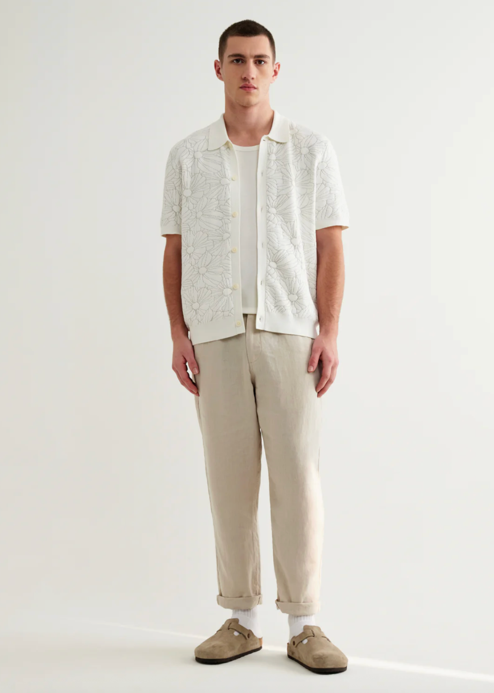 Tellaro SS Shirt Flower Jacquard - Ecru/Natural - Wax London Canada - Danali