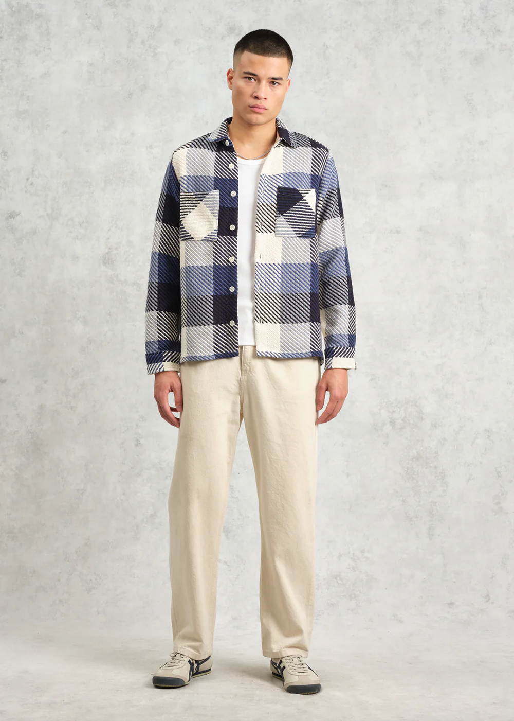 Whiting Overshirt Block Check - Navy/Ecru - Wax London Canada - Danali