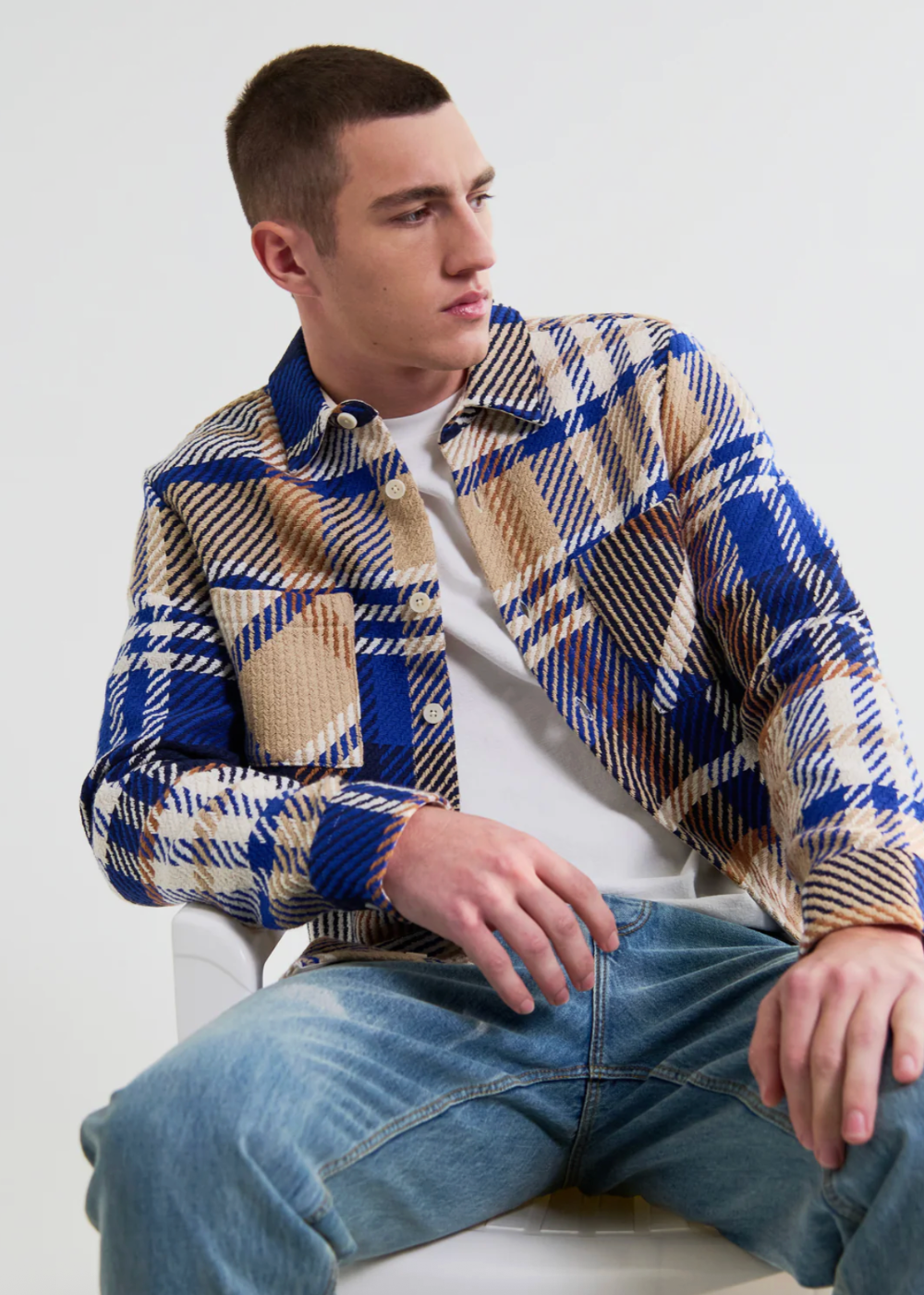 Whiting Overshirt Bold Check - Blue/Tan - Wax London Canada - Danali