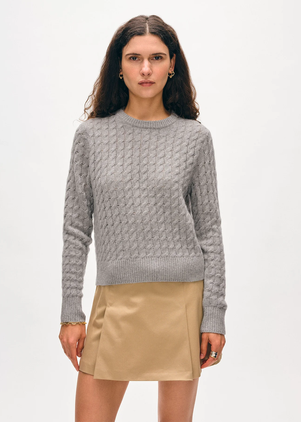 White Warren Cashmere Cable Shrunken Crew Grey Heather - White & Warren Canada - Danali