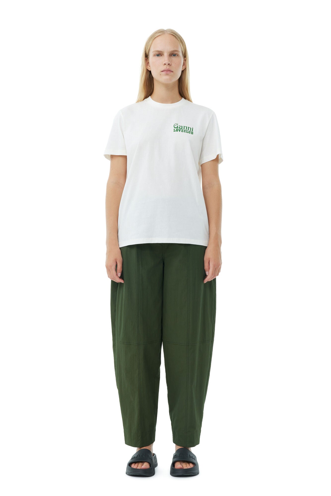Cotton Crepe Elasticated Curve Pants - Kombu Green - GANNI - Danali - F8924