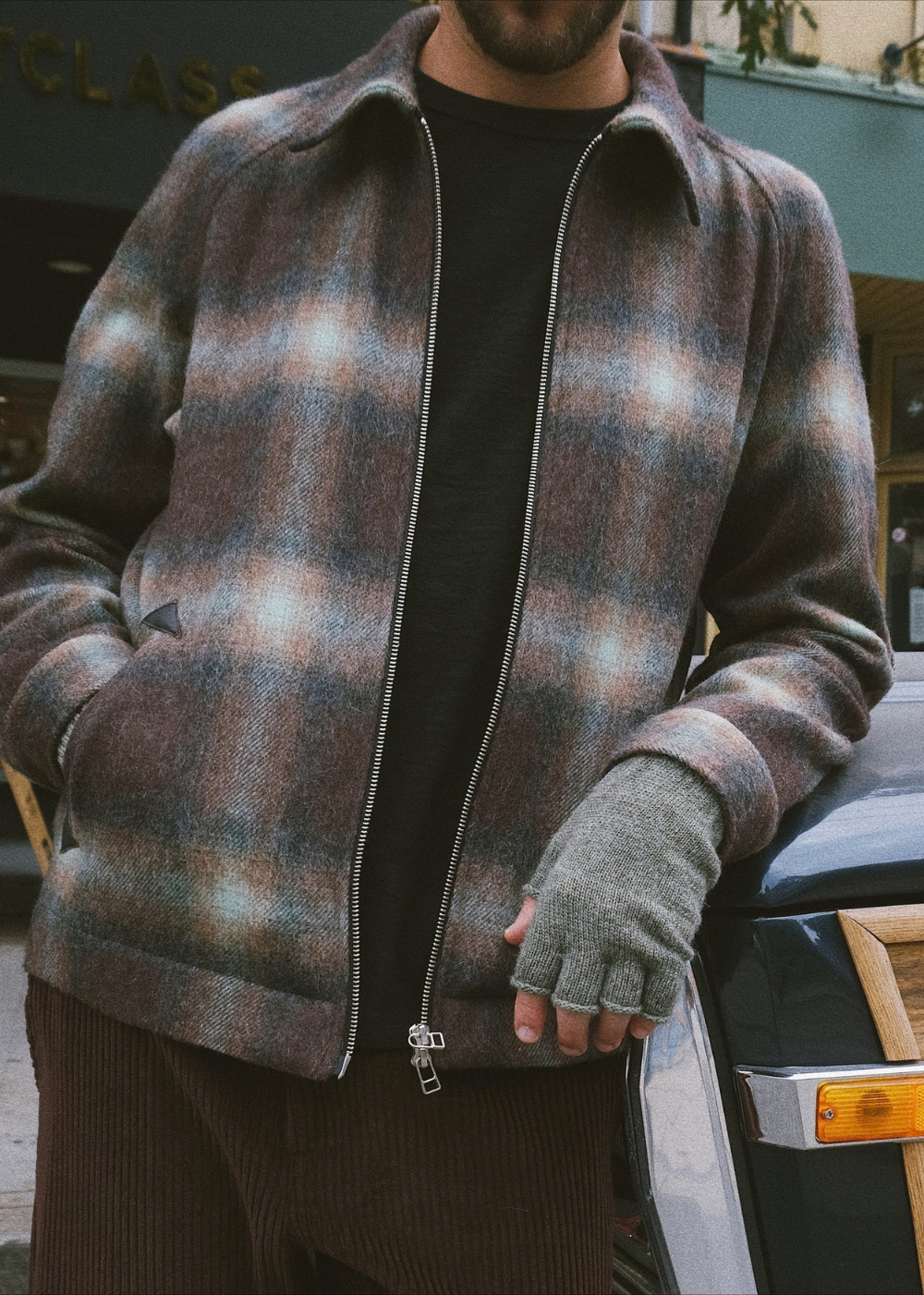 Shadow Plaid Wool Harrington Jacket
