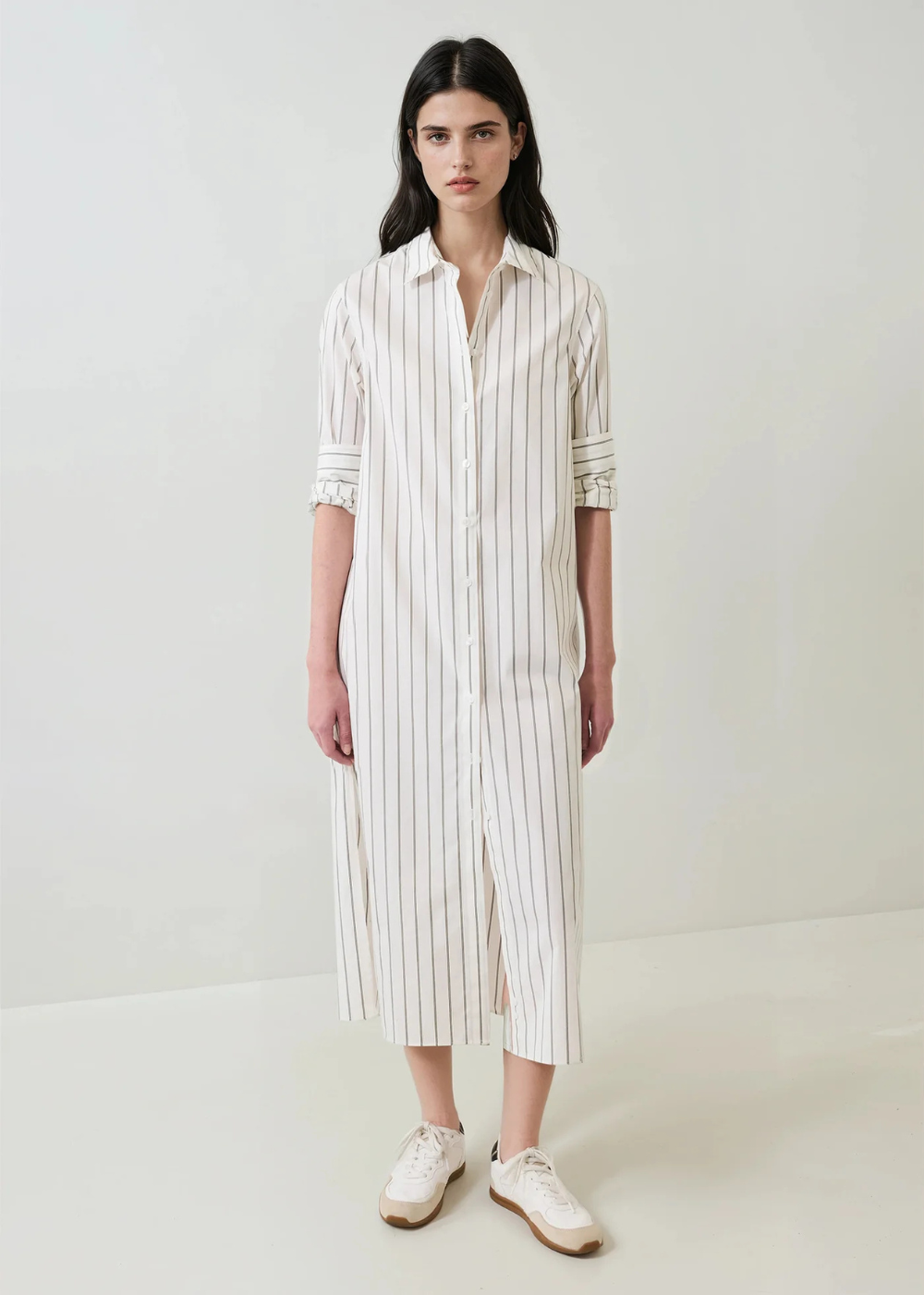 Cotton Stripe Long Sleeve Shirt Dress