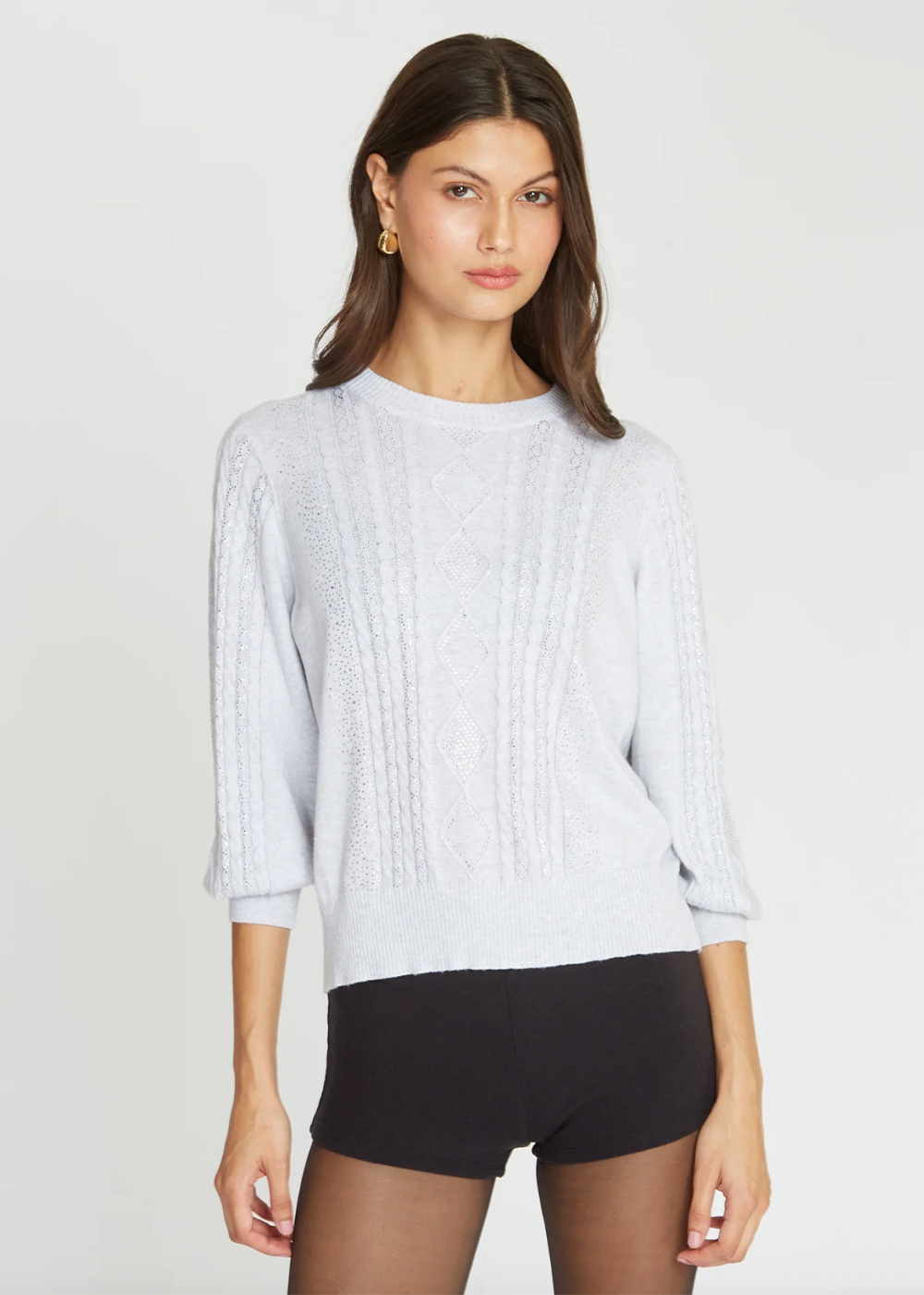 Jeweled Puff Sleeve Cable Cotton Crew