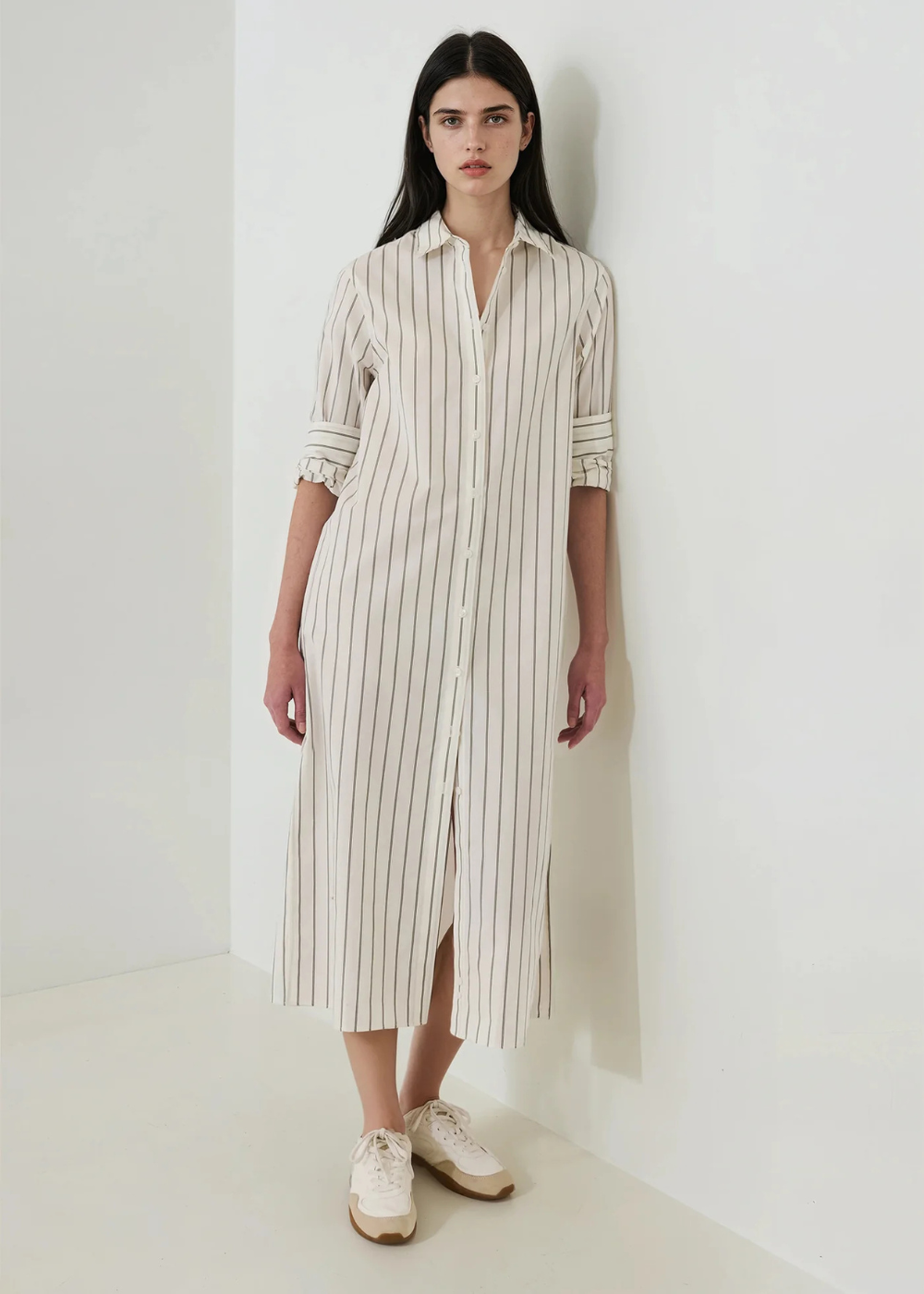 Cotton Stripe Long Sleeve Shirt Dress