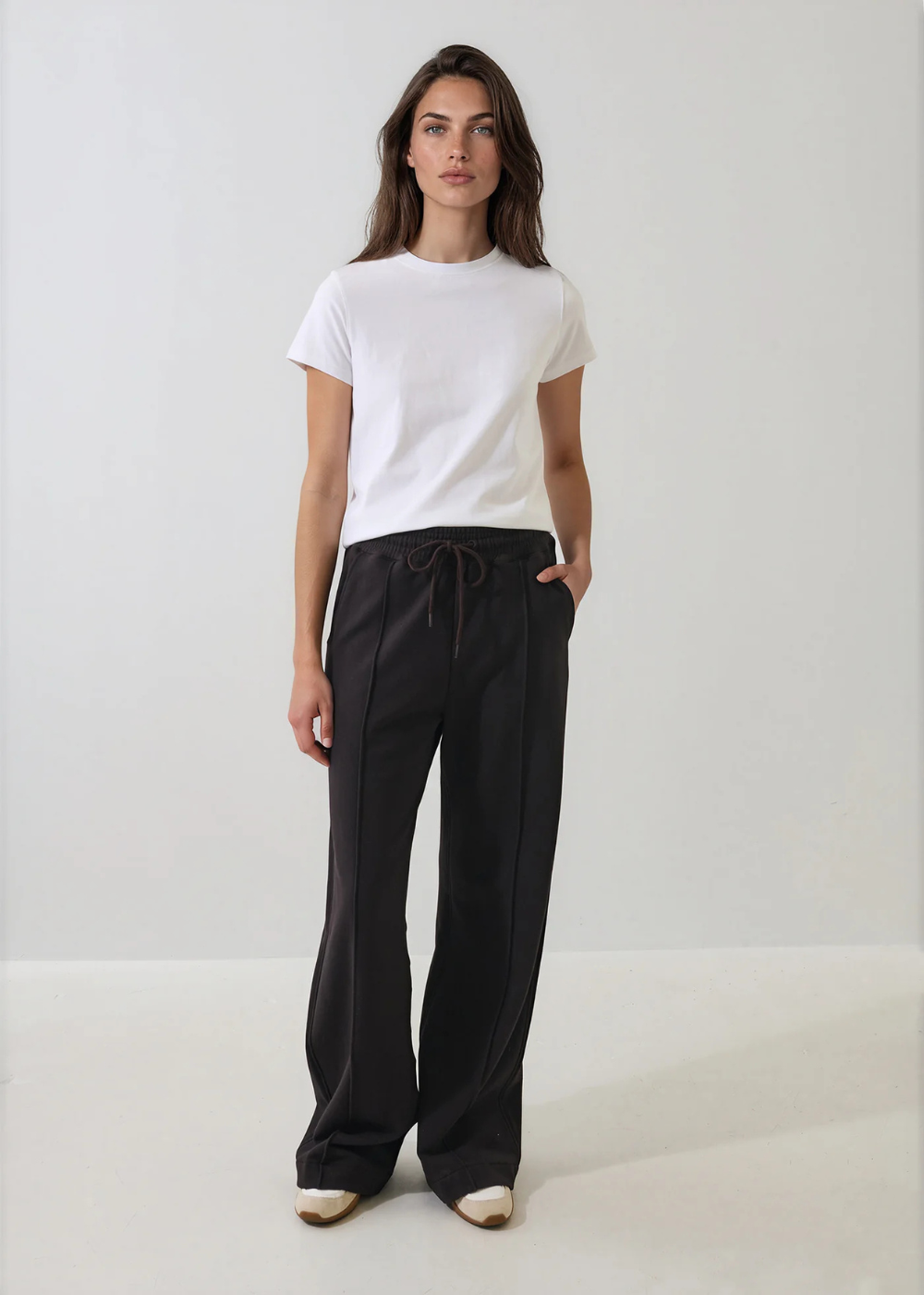 Brushed French Terry Wide Leg Pintuck Pant