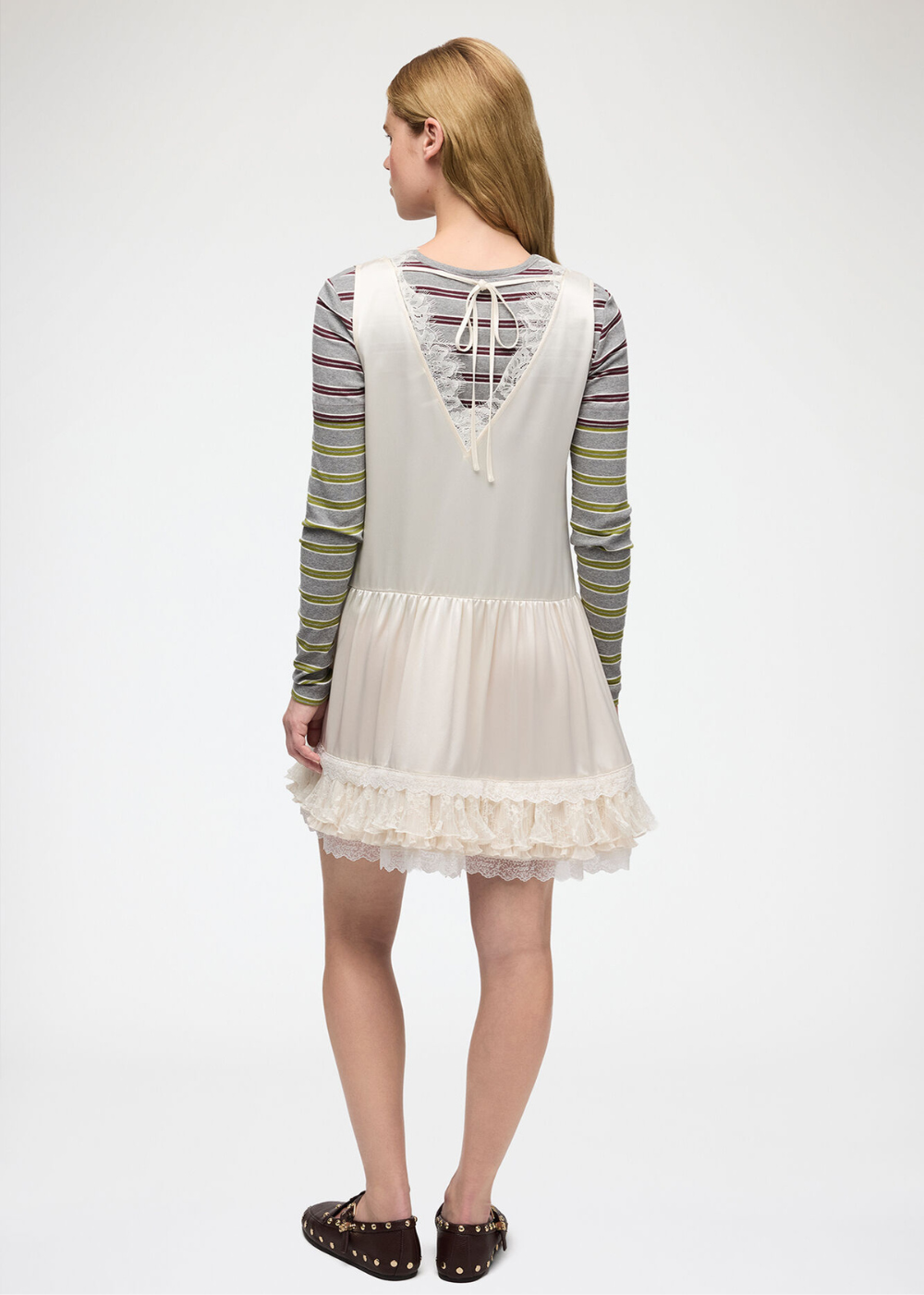 Fluid Satin V-neck Lace Mini Dress