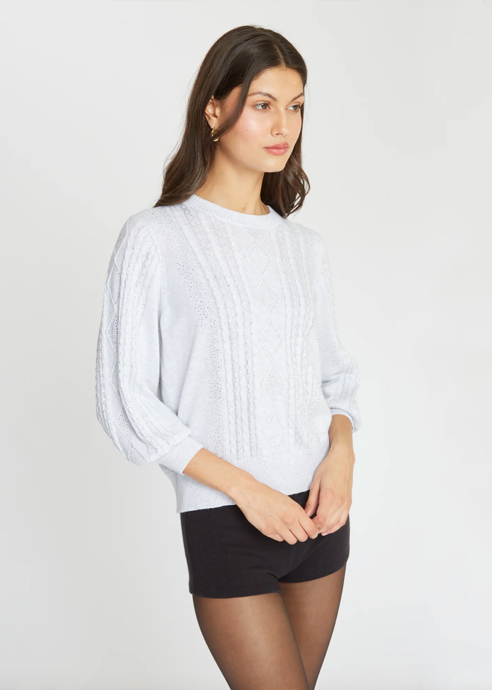 Jeweled Puff Sleeve Cable Cotton Crew