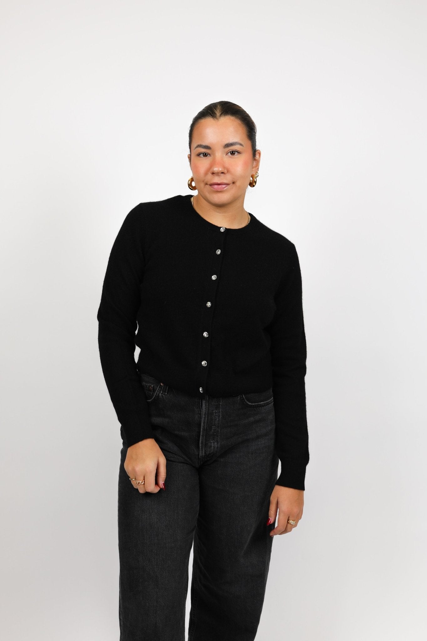 Cashmere Embellished Crewneck Cardigan - White + Warren - Danali - 20181B-BLK-S