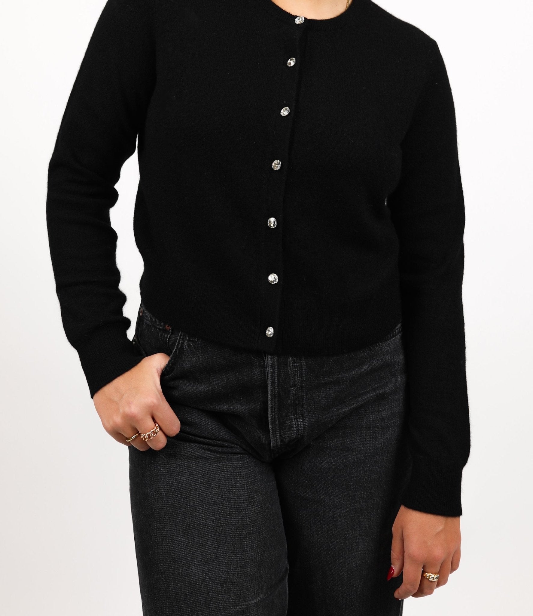 Cashmere Embellished Crewneck Cardigan - White + Warren - Danali - 20181B-BLK-S
