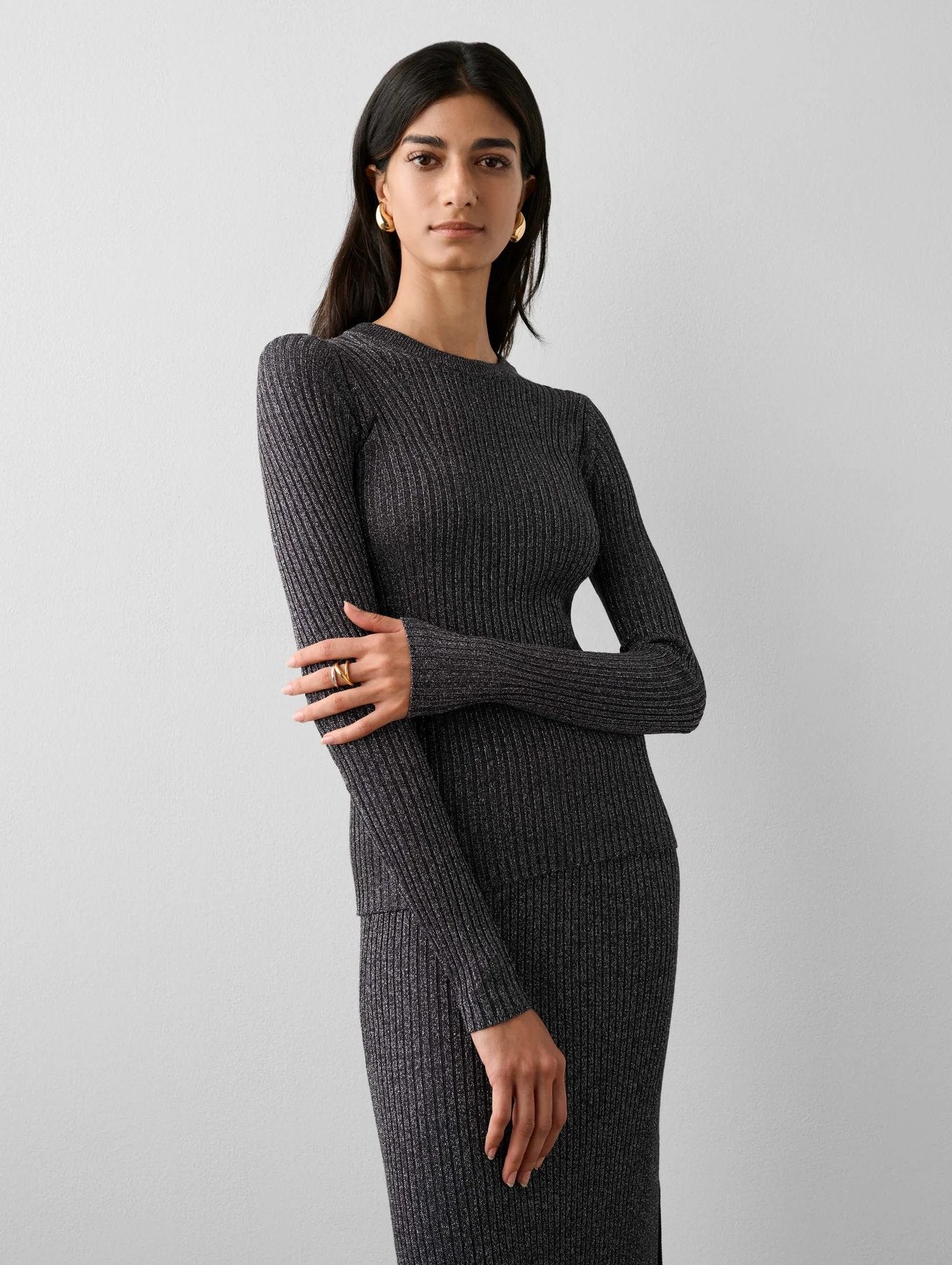 Lurex Shine Ribbed Crewneck - White + Warren - Danali - 20532-BNE-XS