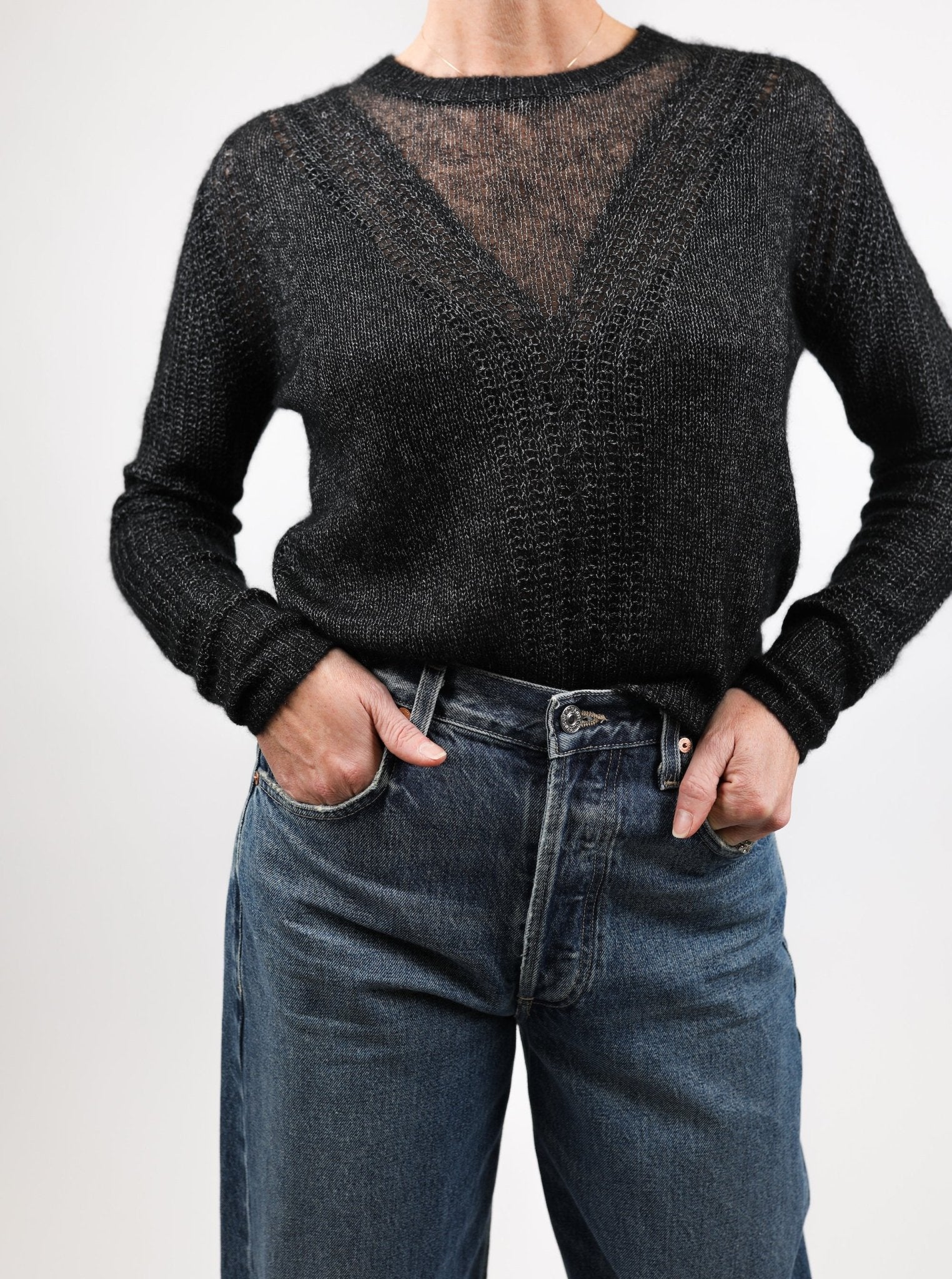 Shaker Cable Crew w/ Sheer Yoke - Autumn Cashmere - Danali - RRS13364-Black-XS