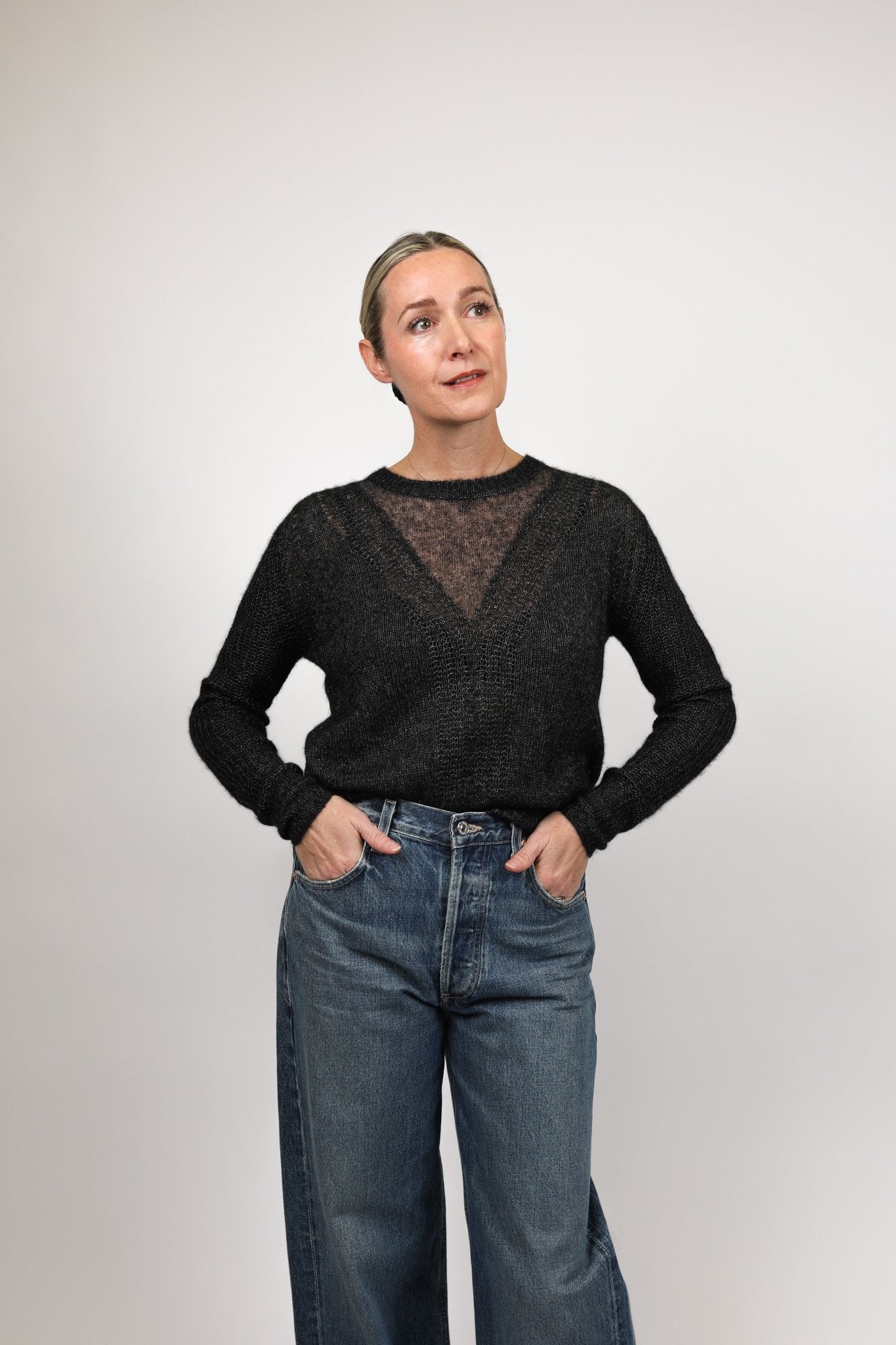 Shaker Cable Crew w/ Sheer Yoke - Autumn Cashmere - Danali - RRS13364-Black-XS