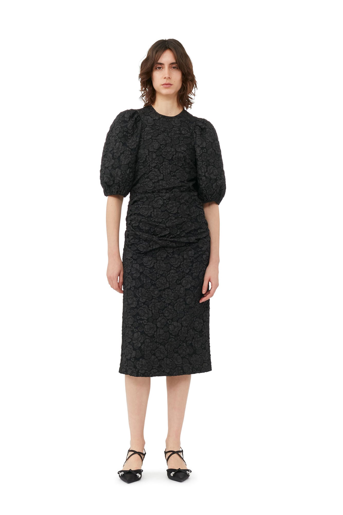 Stretch Jacquard Puff Sleeve Midi Dress - Ganni - Danali - F8495-099-36