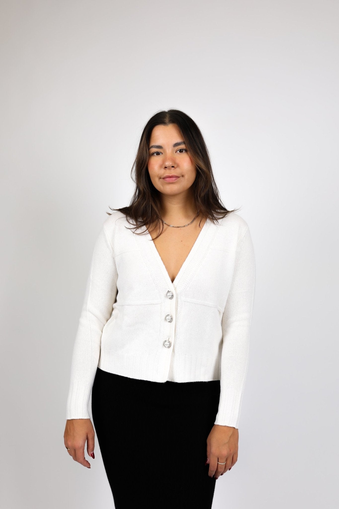 V Neck Cardigan with Pearl Buttons - Autumn Cashmere - Danali - R13560-Chalk-S