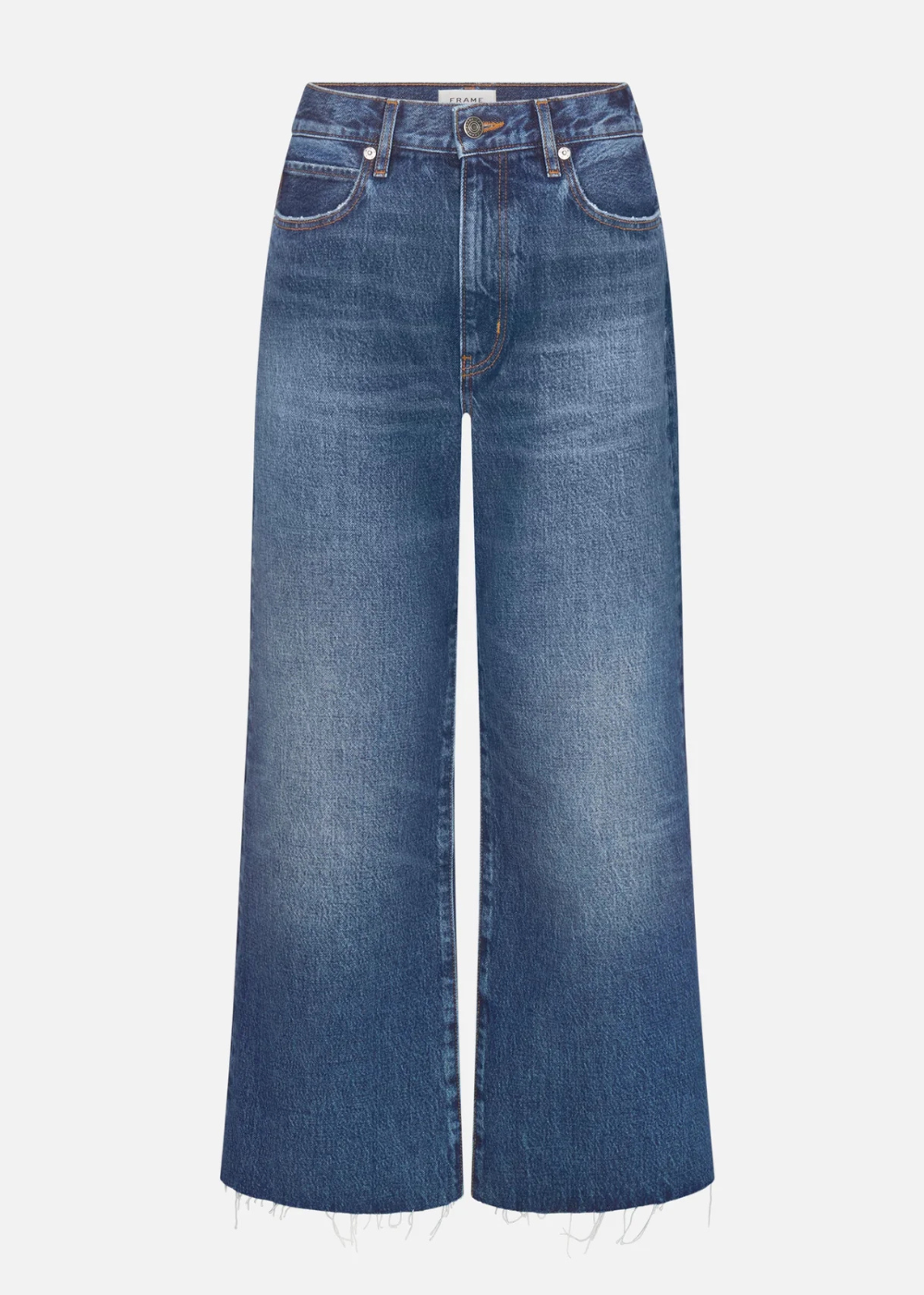 Medium wash blue denim wide-leg cropped jeans with a frayed hem, shown against a plain light gray background.