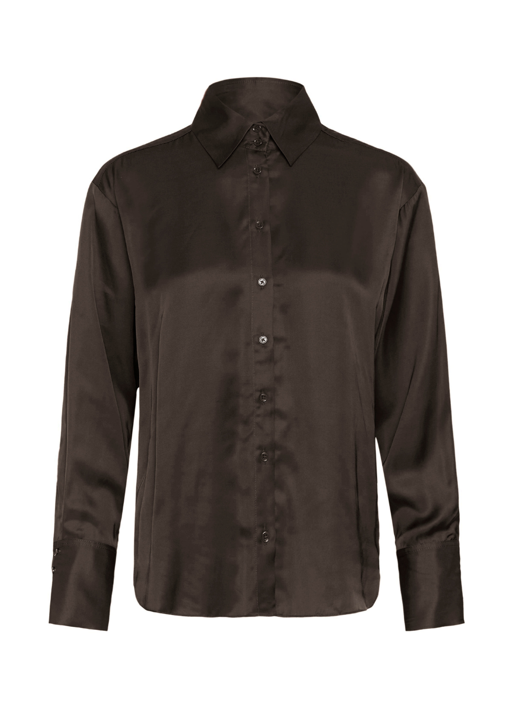 A dark brown long-sleeve button-down shirt with a satin-like sheen, displayed on a clean white background.