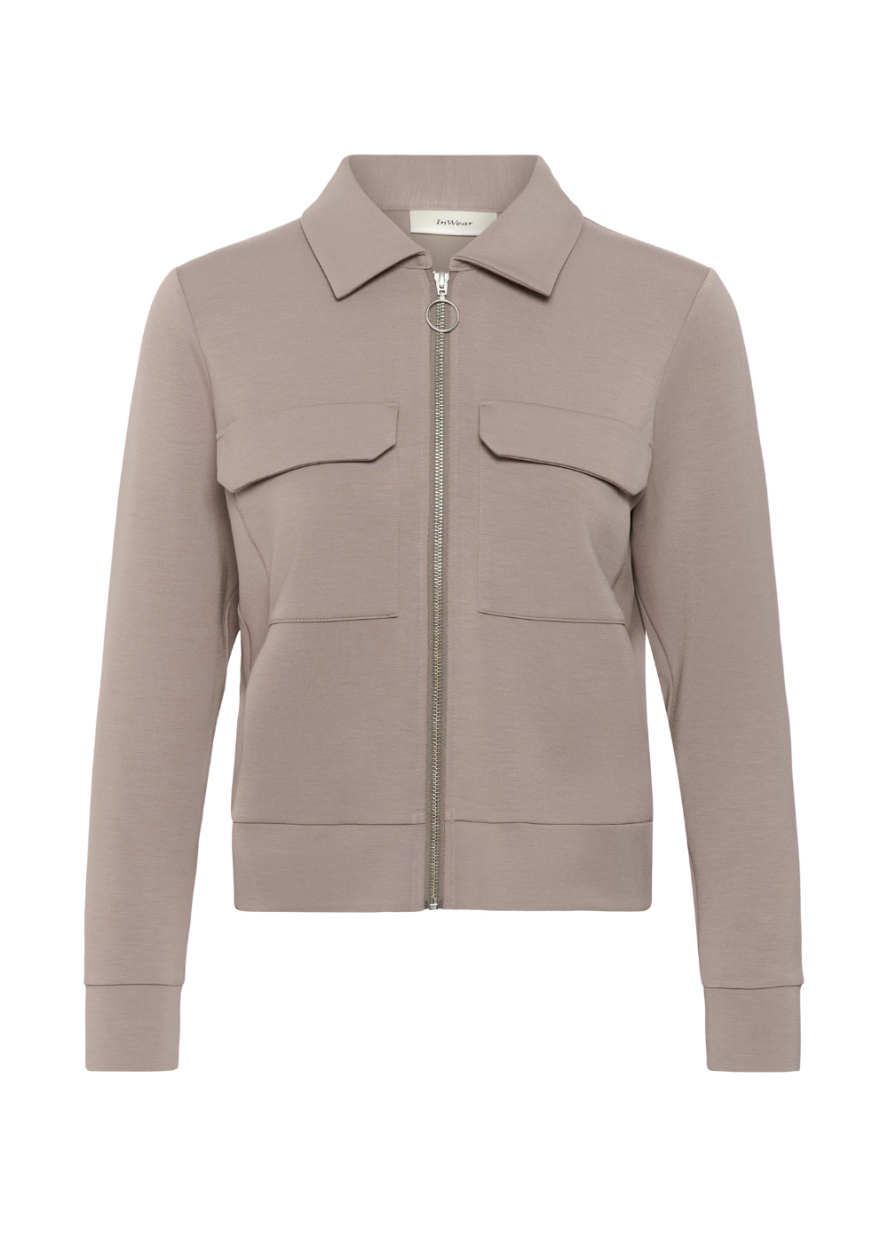 A light taupe zip-up jacket with a pointed collar, two front flap pockets, and a silver-tone zipper, shown on a plain white background.
