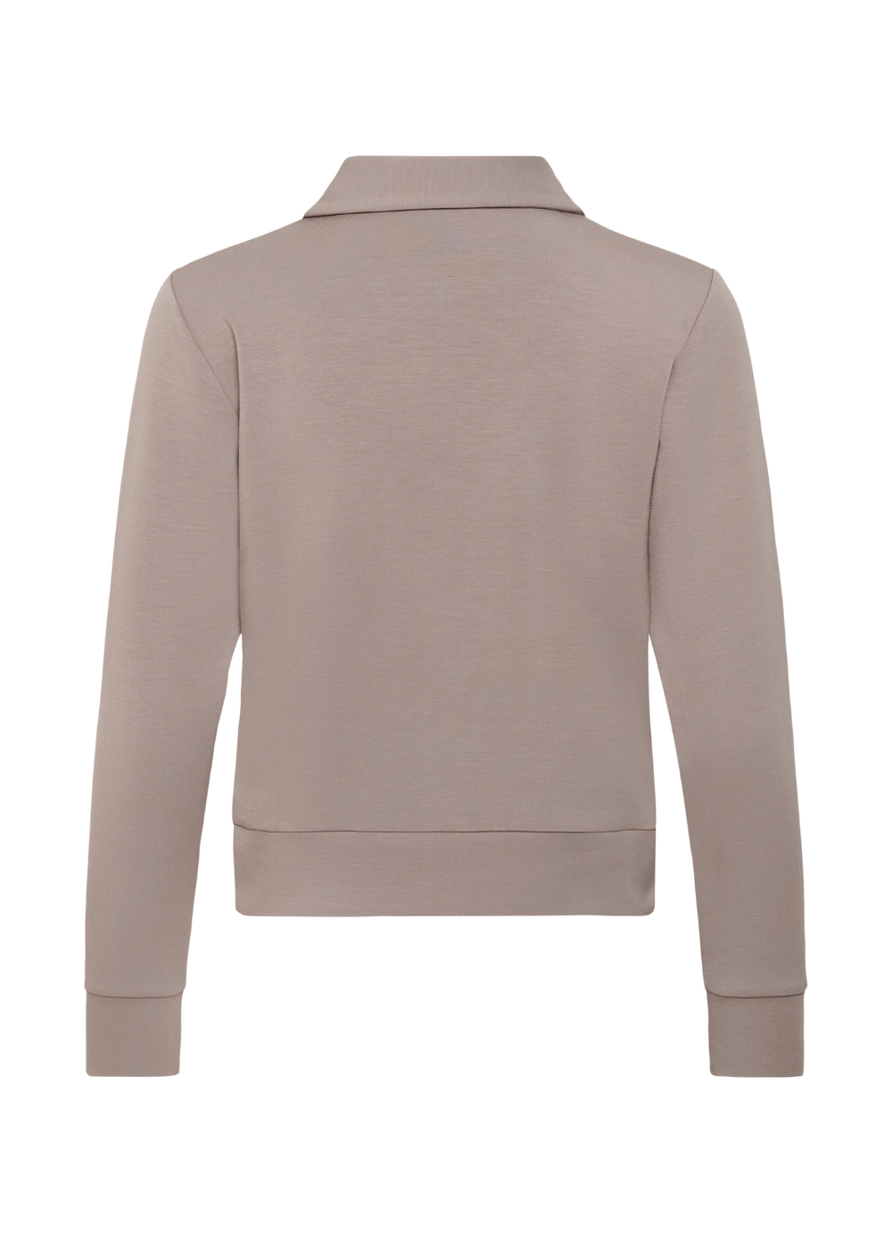 A taupe-colored long-sleeve knit top shown from the back, featuring a collar, ribbed hem, and ribbed cuffs, displayed on a clean white background.