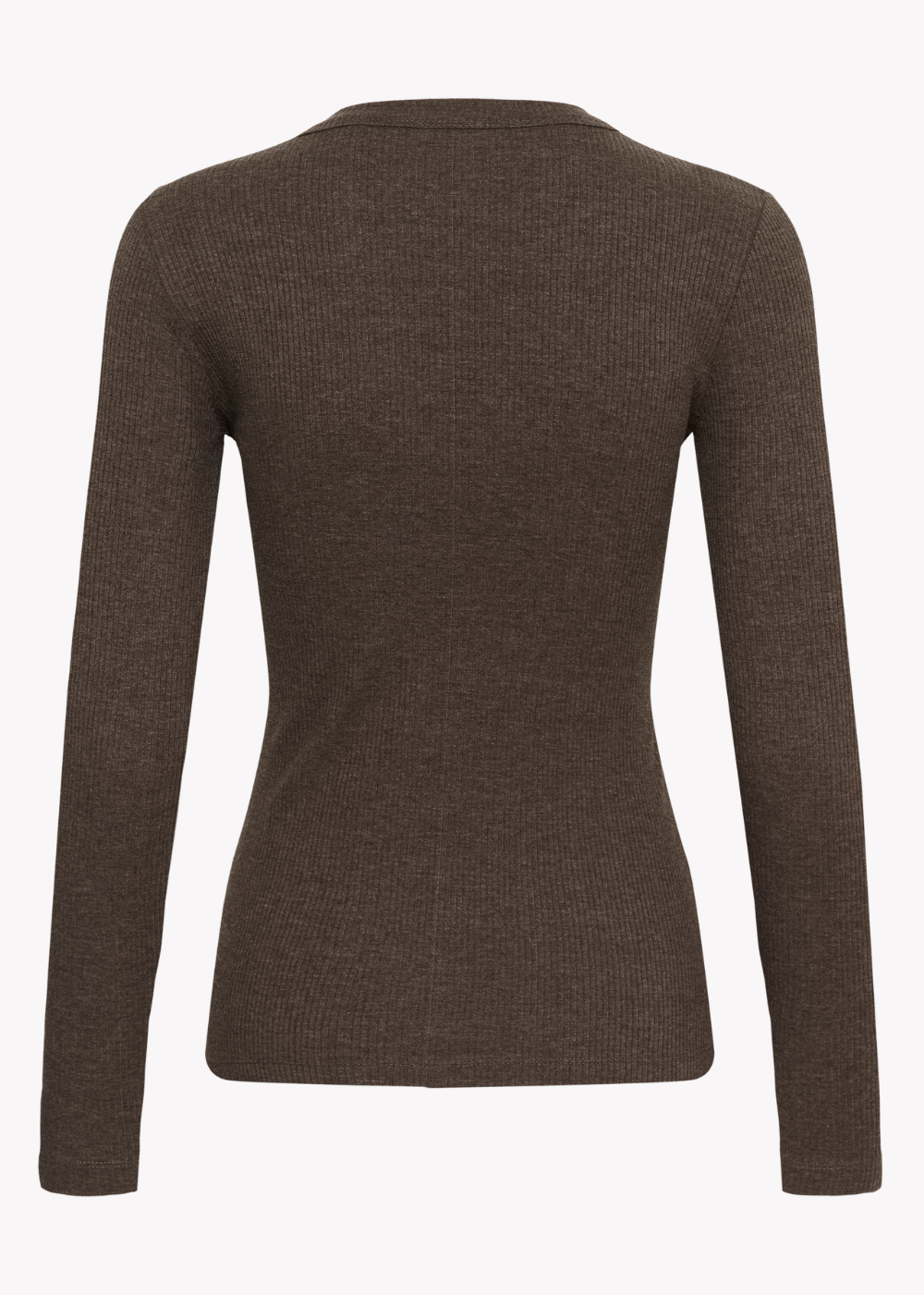 A dark brown ribbed knit long-sleeve top shown from the back, displayed on a clean white background.