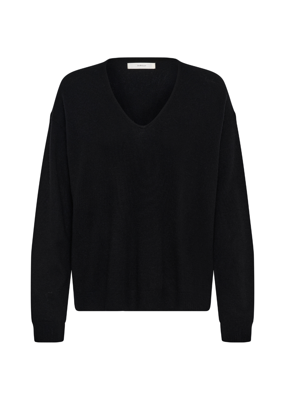A black long-sleeve V-neck knit sweater displayed flat against a solid white background.