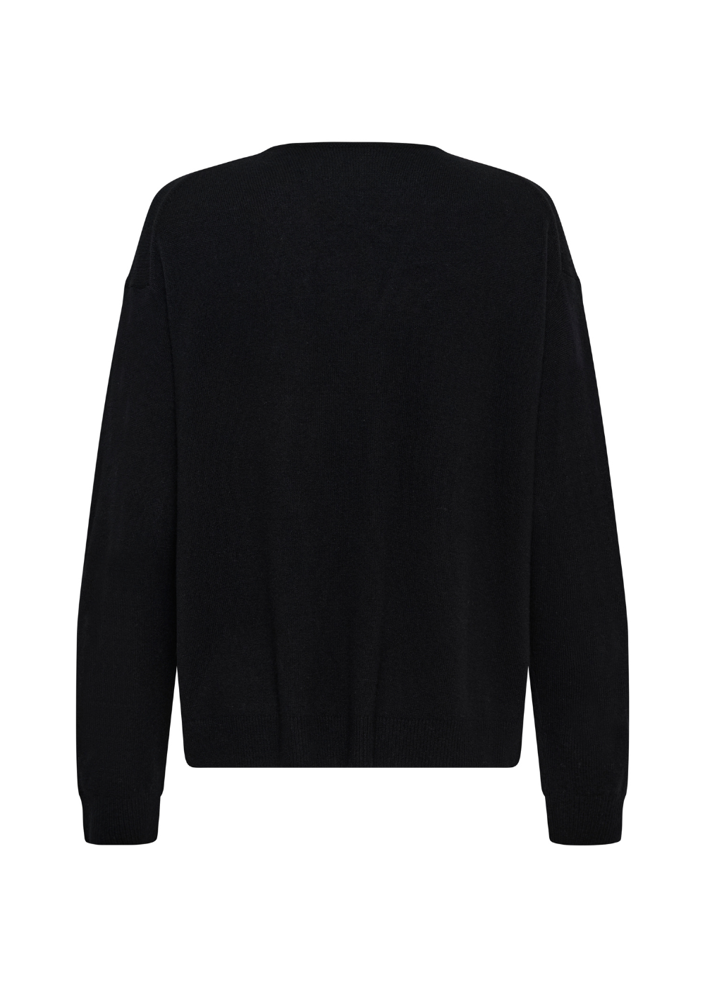 A black long-sleeve knit sweater shown from the back, photographed against a plain white background.
