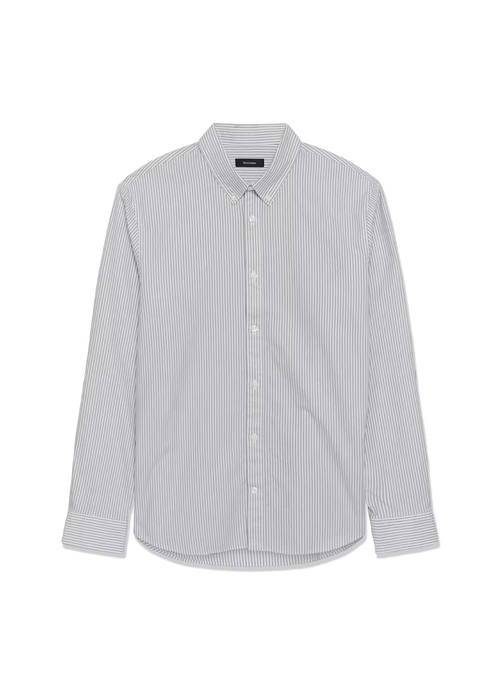 A long-sleeve button-down shirt with a fine vertical stripe pattern in light gray and white, presented on a clean white background.