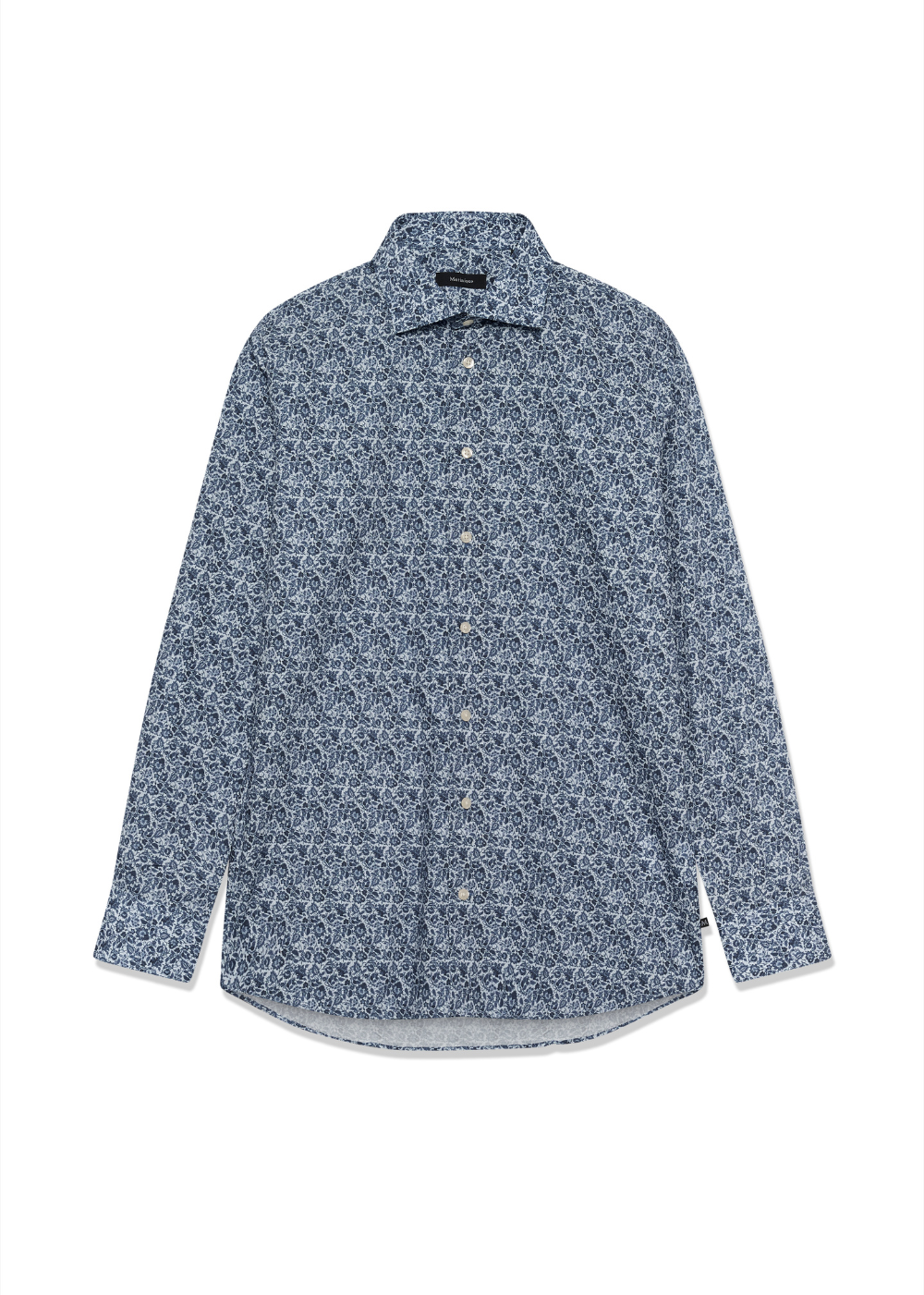 A long-sleeve button-up shirt with a dense blue and white floral or damask pattern, displayed flat against a solid white background.