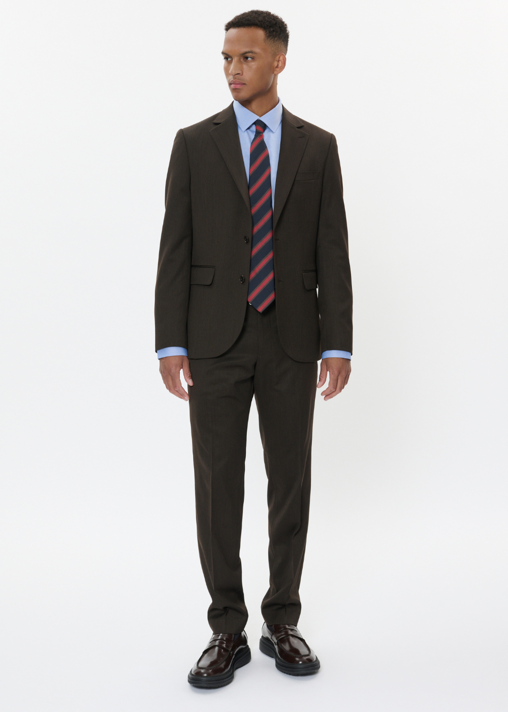 A man modeling a dark brown suit with a light blue dress shirt and a red and blue striped tie, standing against a plain white studio background.