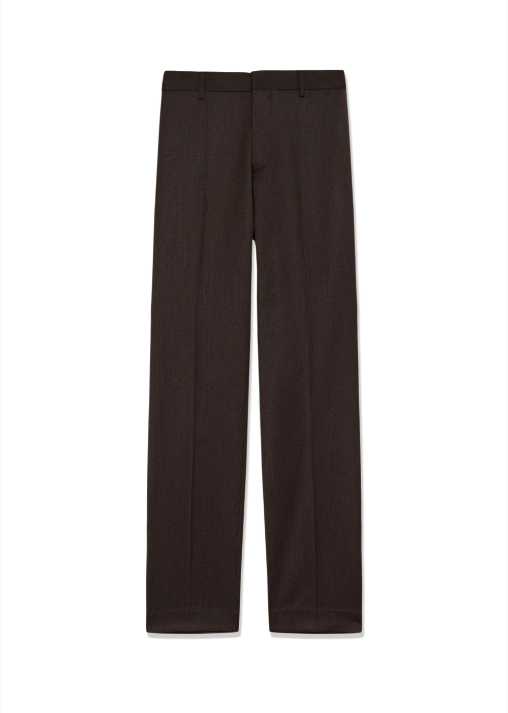 Dark brown straight-leg trousers shown flat against a solid white background.