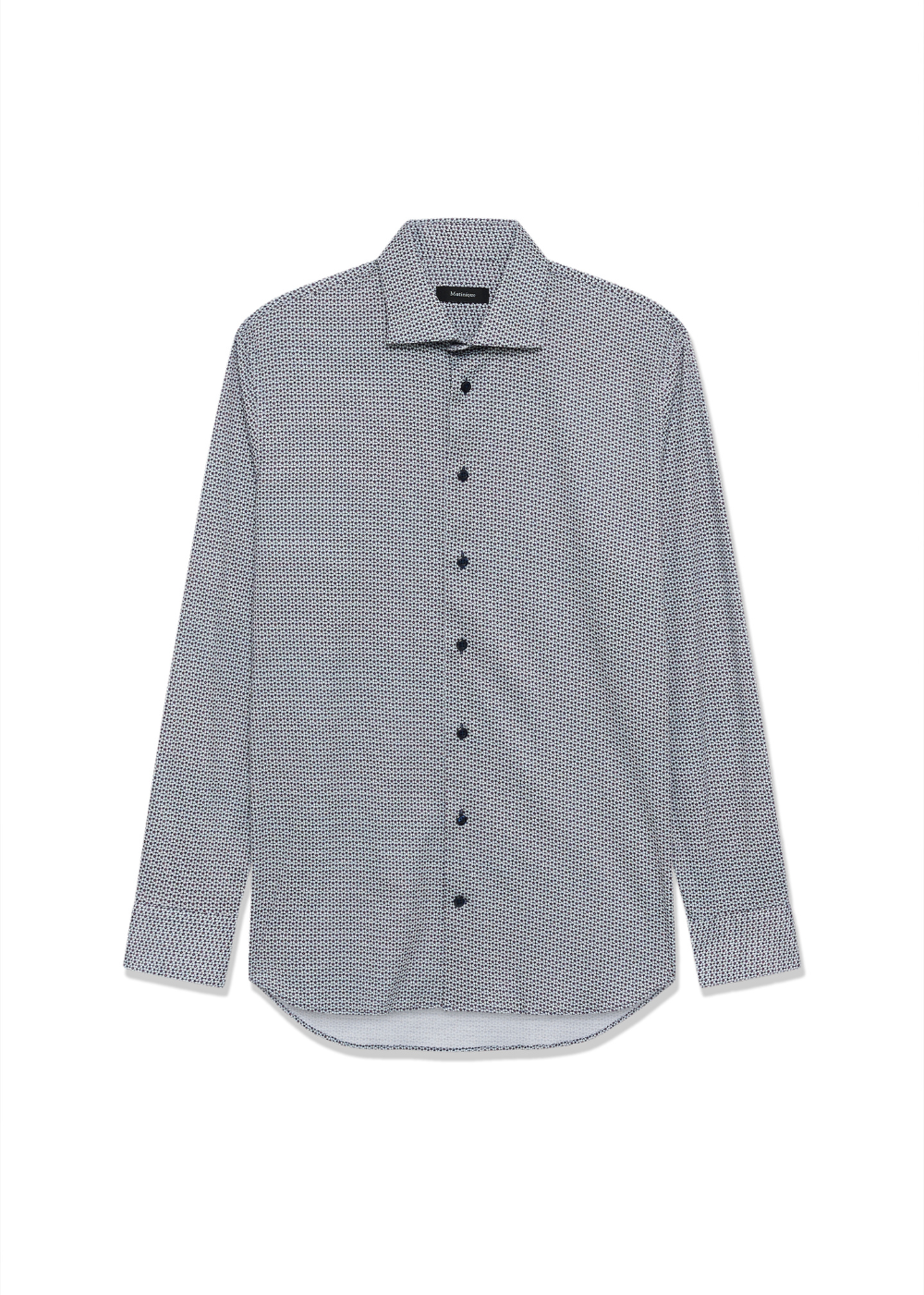 A long-sleeve button-up shirt with a fine micro-check pattern in navy and white, featuring a pointed collar and dark buttons, displayed on a clean white background.
