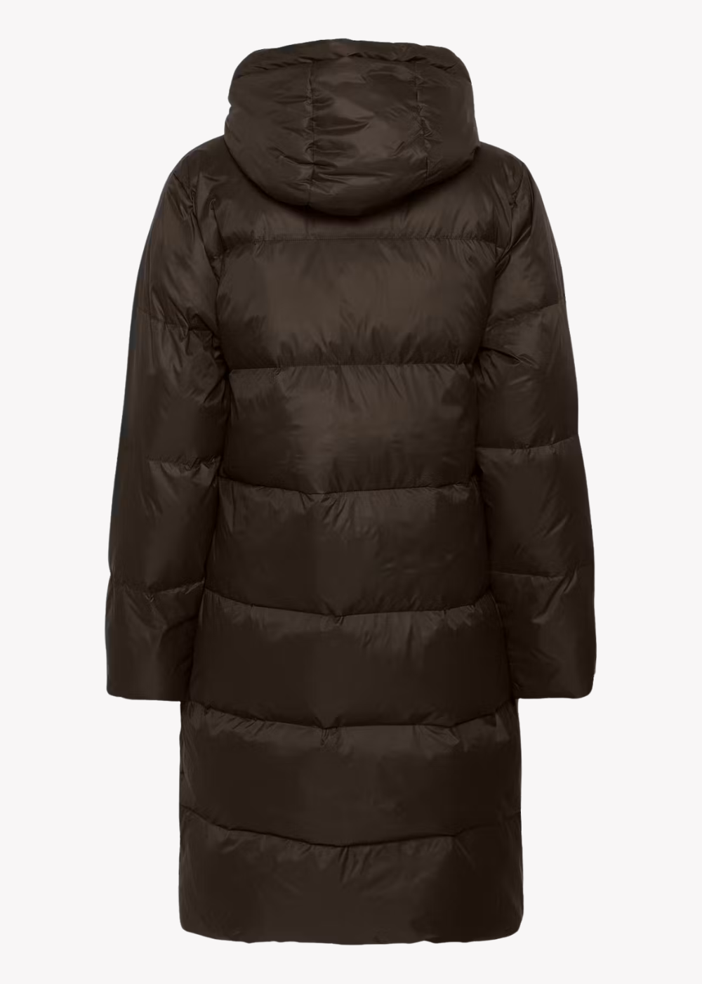 A dark brown hooded puffer coat shown from the back, photographed against a plain light gray background.
