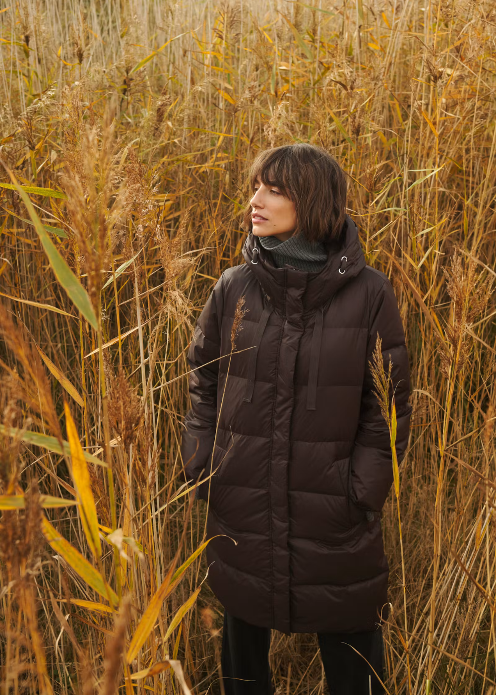 A woman wearing a dark brown hooded puffer jacket and a gray scarf stands in a field of dry golden reeds, looking to the side.