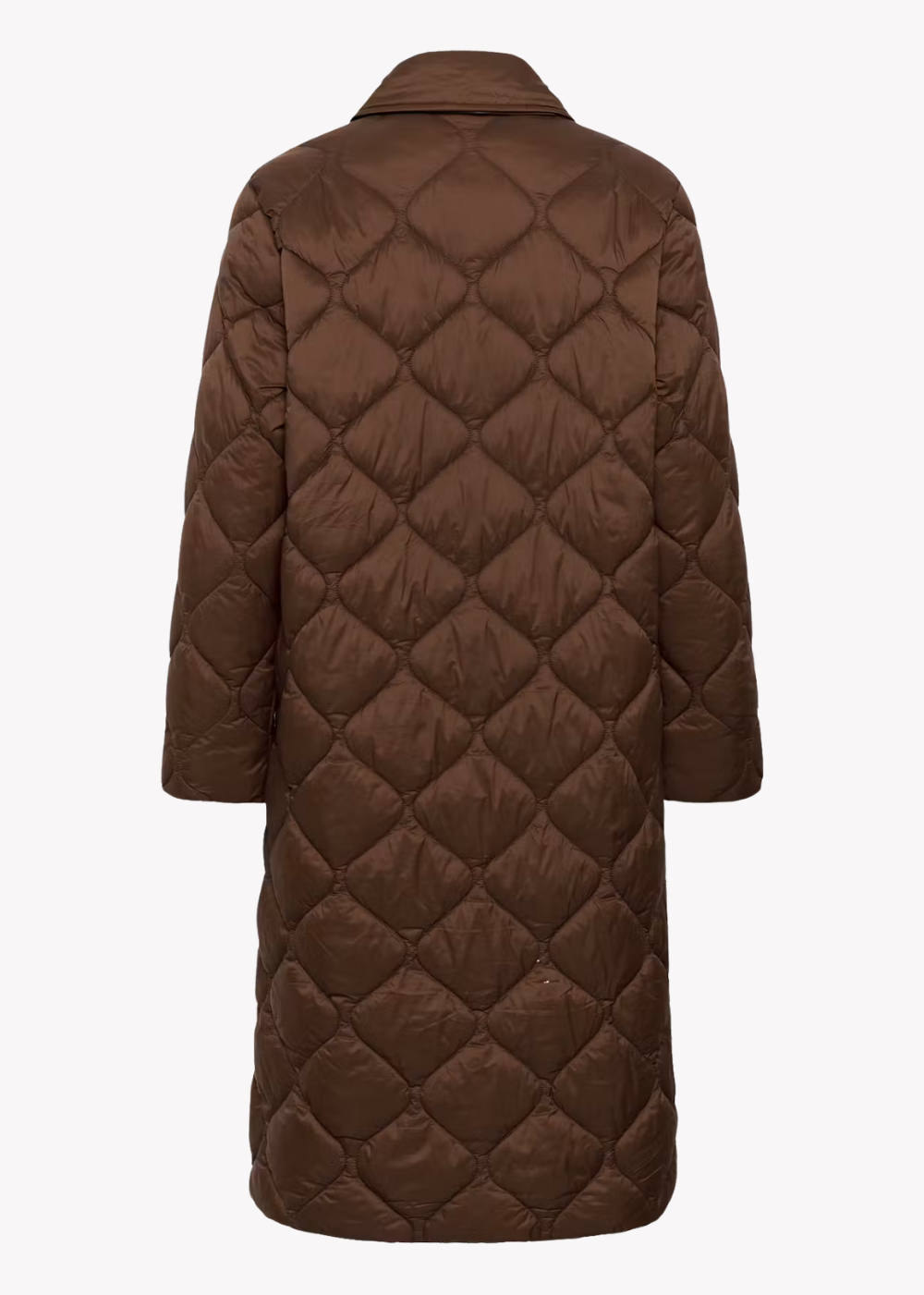 A long brown quilted puffer coat shown from the back, featuring a diamond-quilted pattern and a pointed collar, set against a plain light gray background.