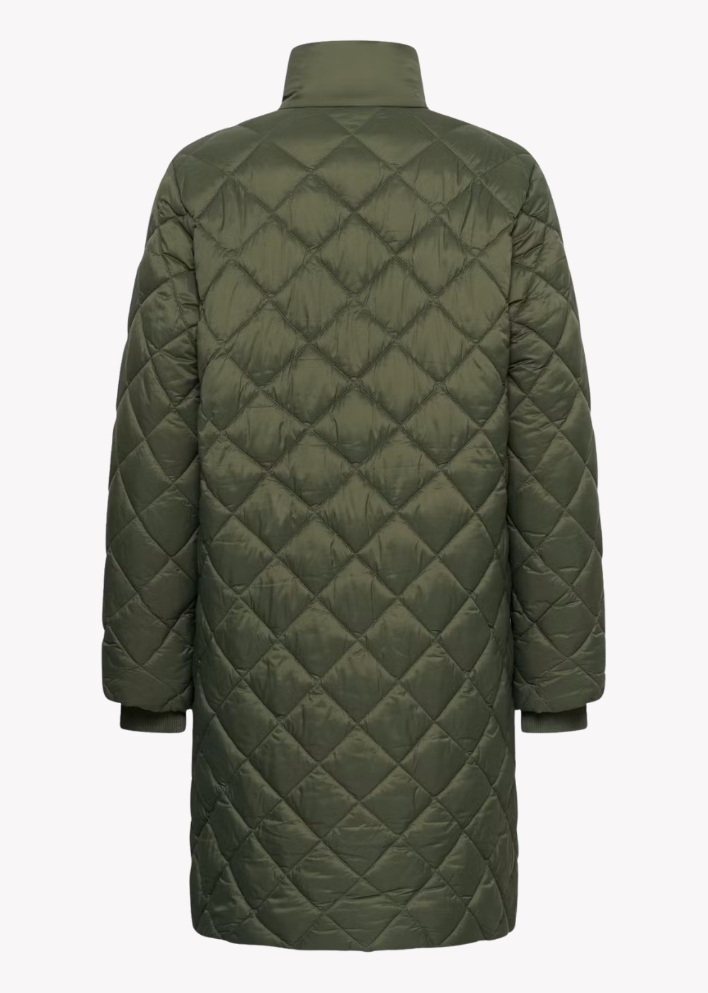 An olive green quilted puffer coat shown from the back, featuring a diamond-quilted pattern and a high stand-up collar, set against a plain white background.
