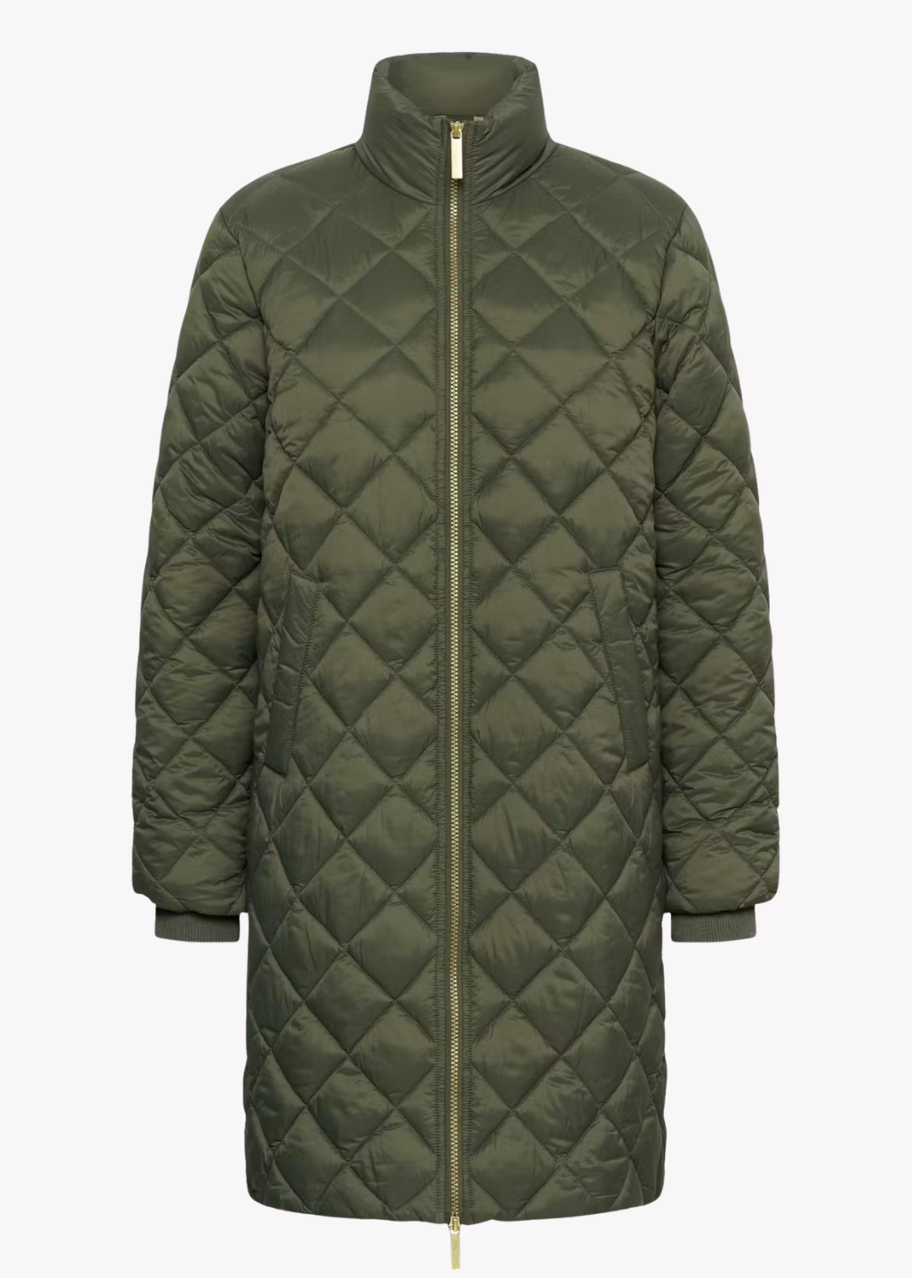 An olive green quilted puffer coat with a high stand-up collar and a central gold-tone zipper, shown against a plain light gray background.