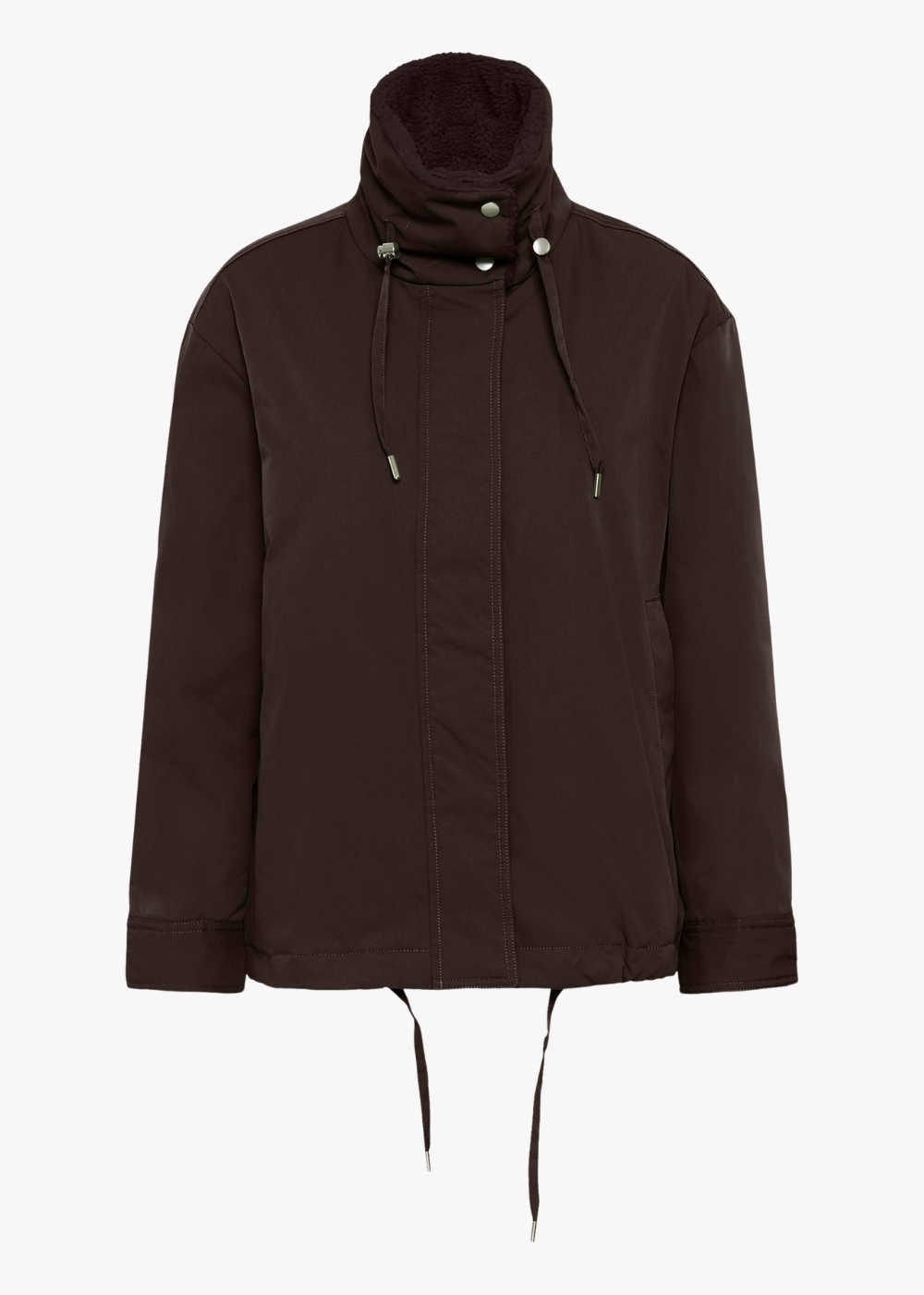 A dark brown hooded jacket with a high folded collar, drawstrings, and front snap closure, shown on a plain light gray background.