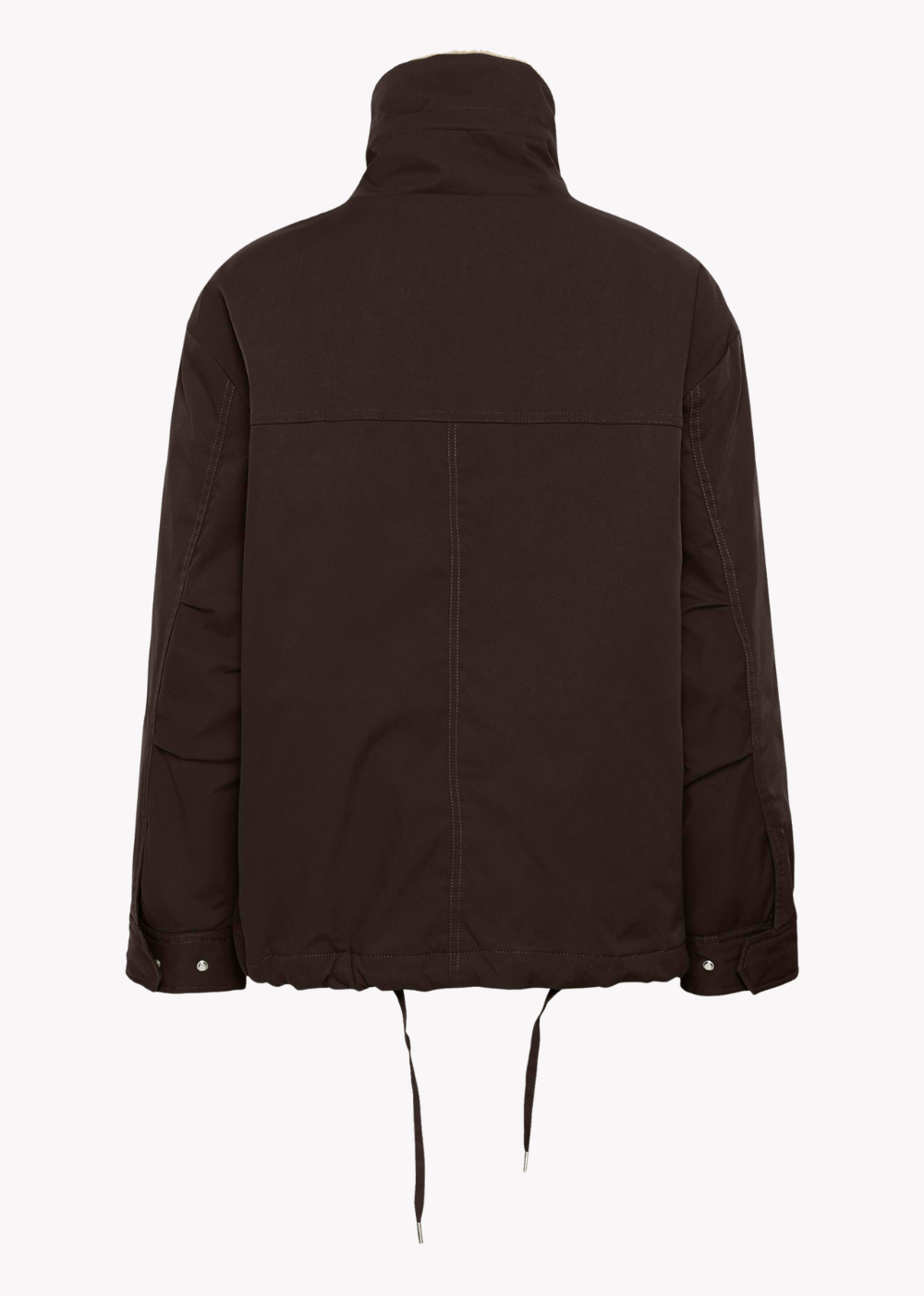 A dark brown hooded jacket shown from the back, featuring a high collar, long sleeves, and drawstring details at the hem and cuffs, photographed against a plain white background.