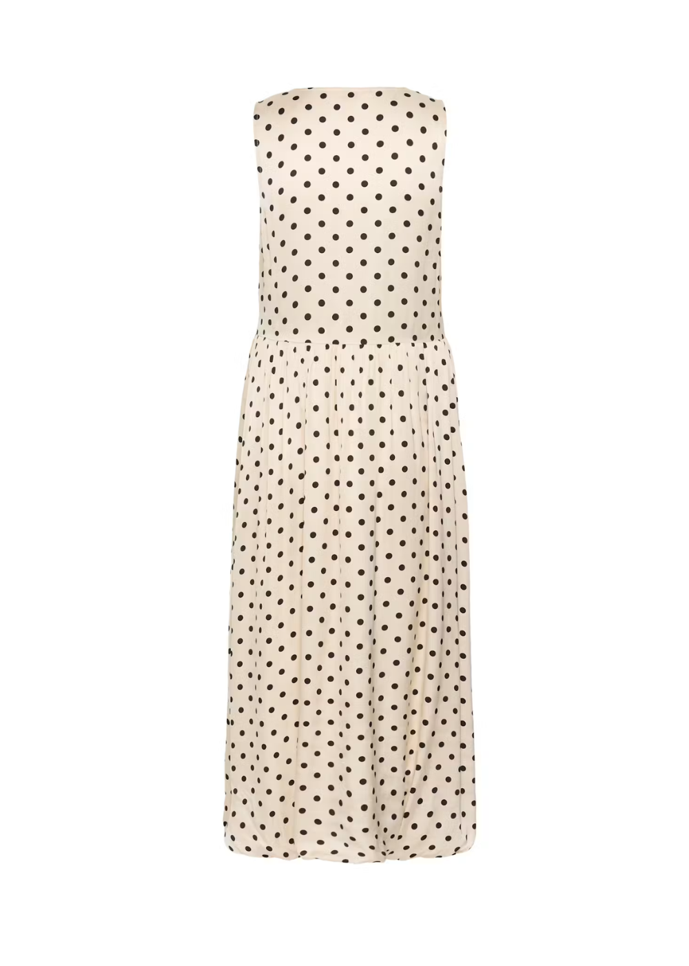 A sleeveless, tiered maxi dress in a warm cream or off-white fabric with a repeating black polka dot pattern, shown against a plain white background.