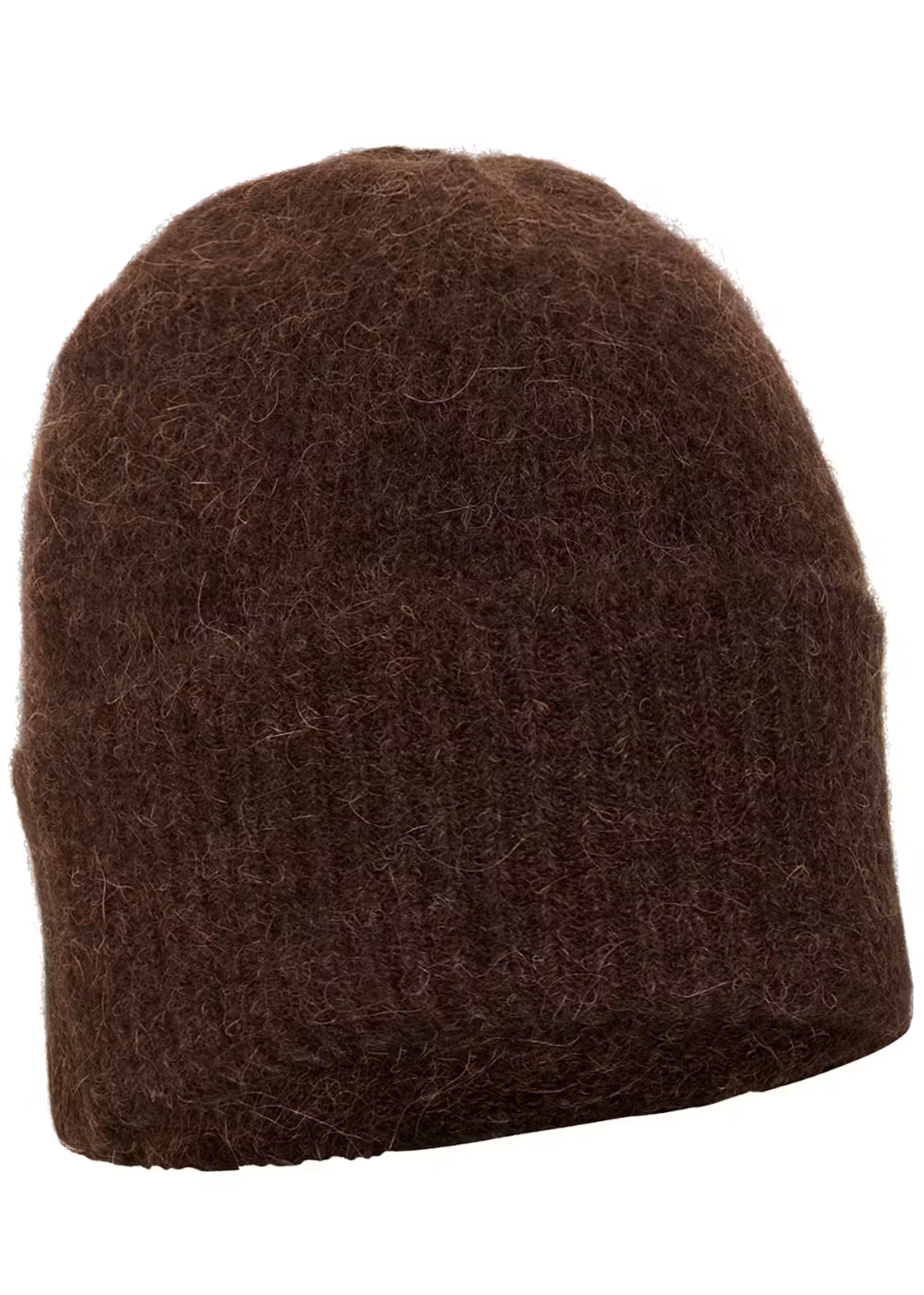 A dark brown fuzzy knit beanie hat on a plain white background.