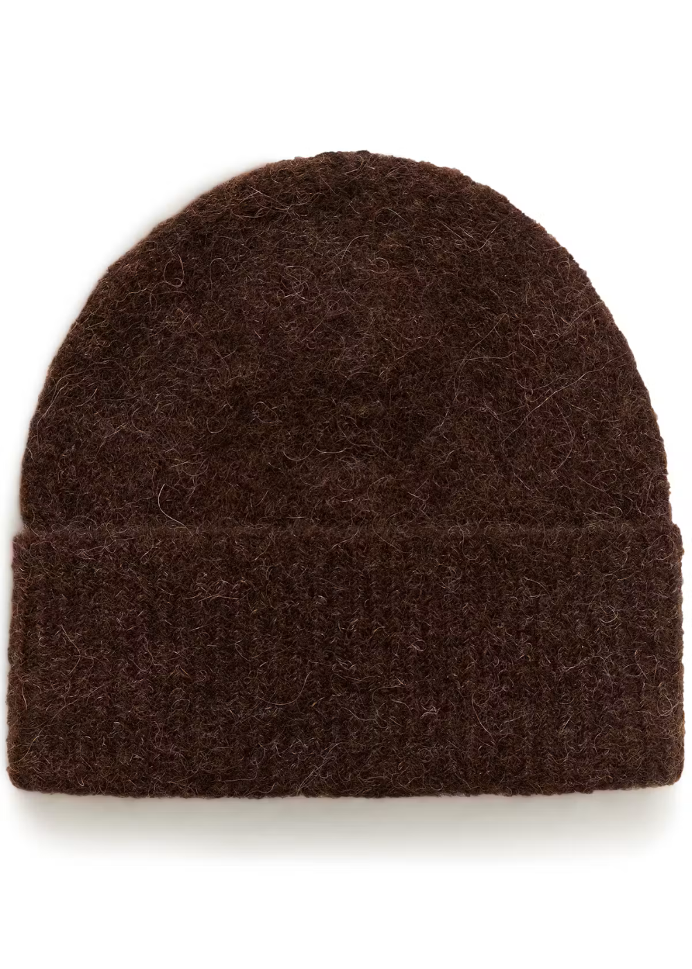 A dark brown textured knit beanie hat with a folded cuff, shown flat against a white background.